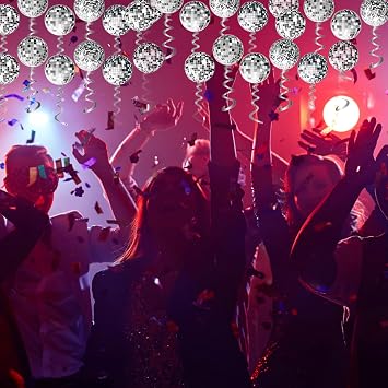 36 Pcs Set Disco Ball Decorations, Disco Party Decor 70s Disco Ball Hanging Swirls Disco Party Hanging Streamer Silver Ceiling Decor for Christmas Tree Wedding Dance Music Stage
