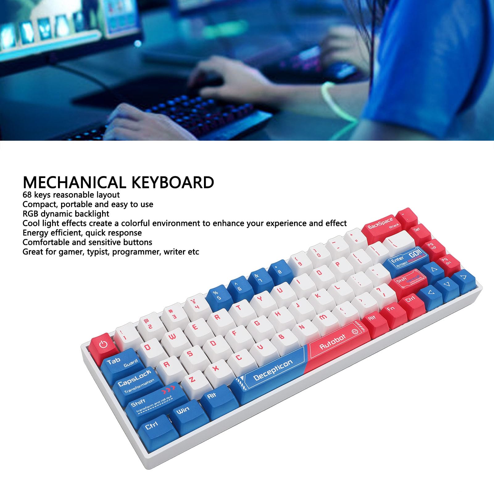 Dpofirs Tastiera da gioco meccanica wireless RGB 68 tasti, design compatto, tastiera switch rossa per Wins10, custodia bianca