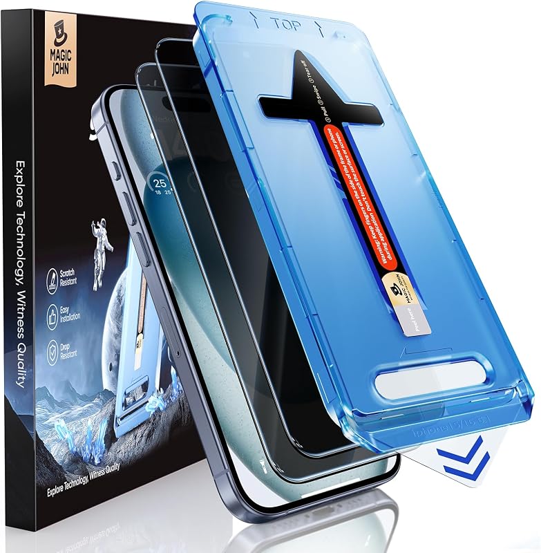 MAGIC JOHN 2 Pack for iPhone 15 Privacy Glass Screen Protector | Anti-Spy,Auto Dust-Elimination ,Easy Installation, Bubble Free, [6.1 inch]