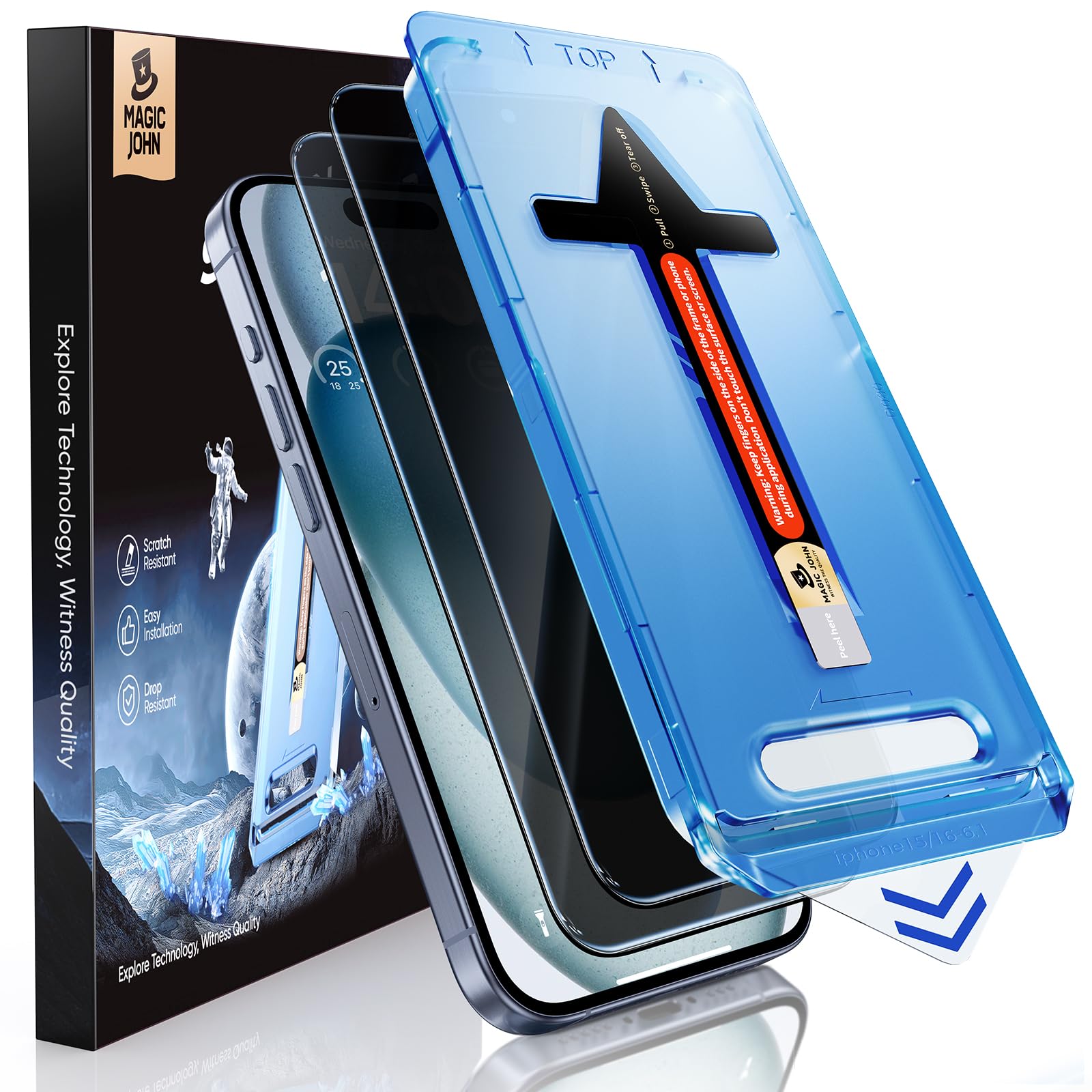 - 2 Pack for iPhone 15 6.1 inch Privacy Glass Screen Protector, Auto Dust-Elimination Installation, Bubble Free, Easy Installation