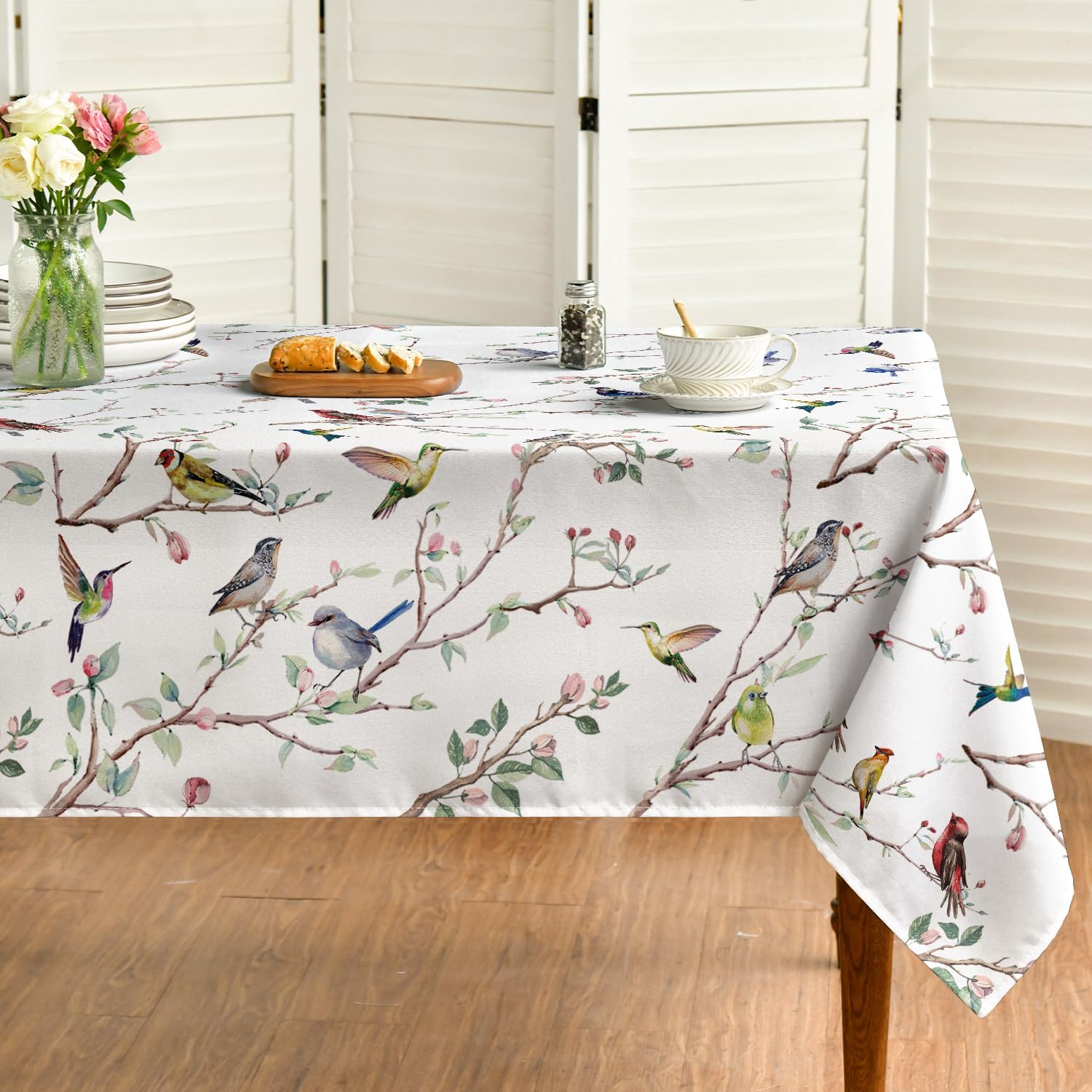 Horaldaily Spring Summer Tablecloth 60x140 Inch Rectangular, Birds Branch Floral Table Cover for Party Picnic Dinner Decor