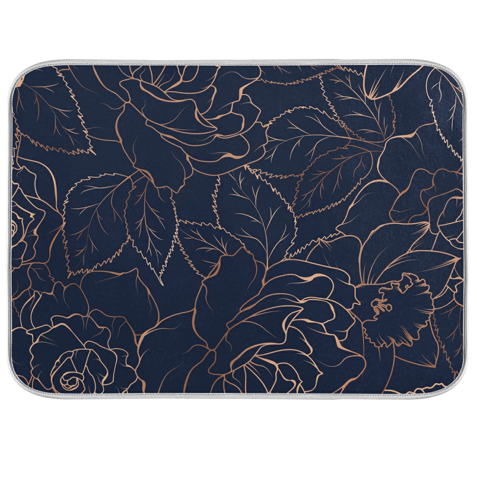 Copper-gold Shiny Outline Rose Peony Flowers Leaves on Dark Navy Blue Kitchen Dish Drying Mat, Absorbent Microfiber Pad Drainer, Heat-resistant Countertops Sinks Protector with Hanging Loop 16"x18"