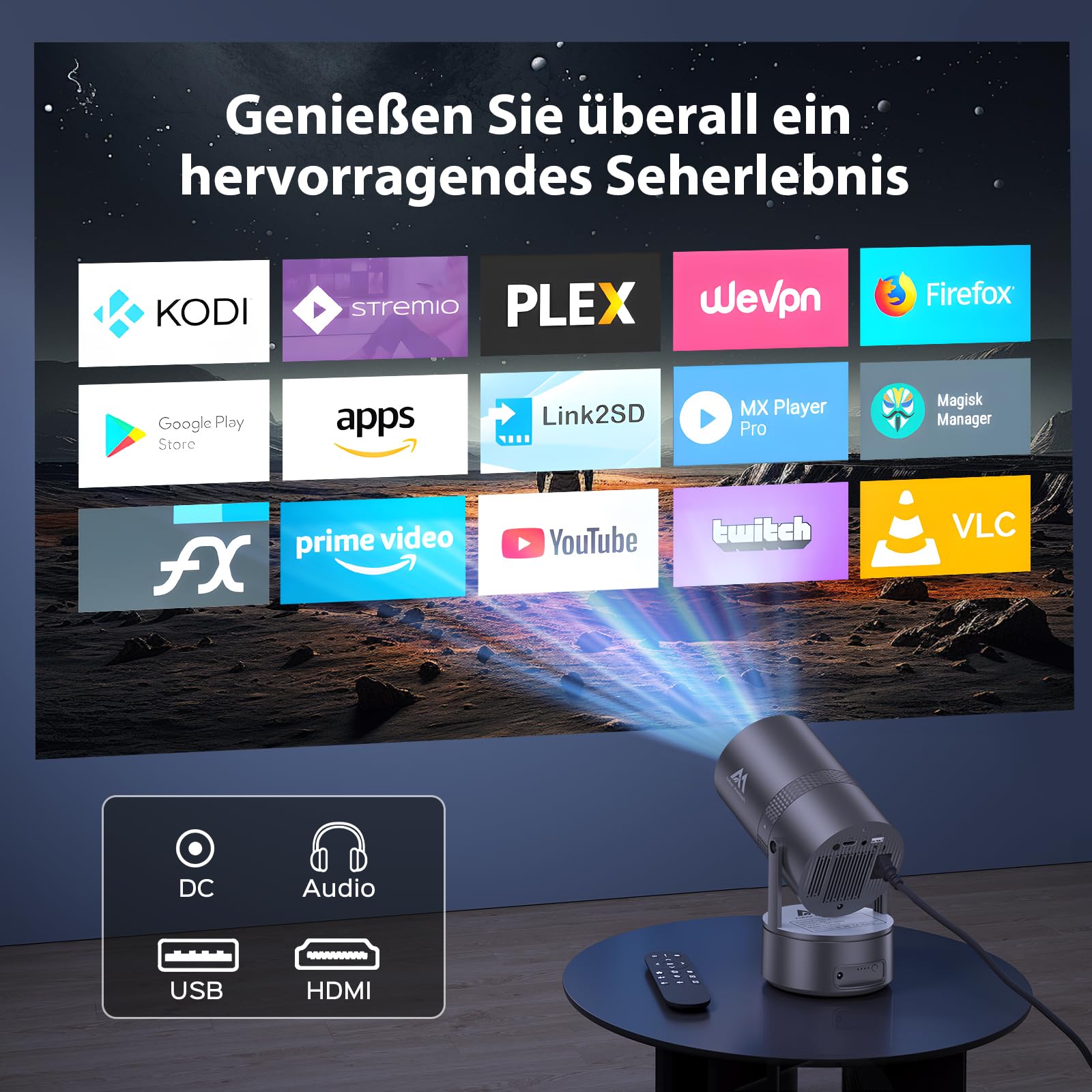 [Batterie intégrée] Aubor Mentech Mini vidéoprojecteur 4K Home Cinéma, Mini projecteur, vidéoprojecteur WiFi6 et BT5.2 avec Android OS, correction trapézoïdale automatique, angle de 180 degrés, écran