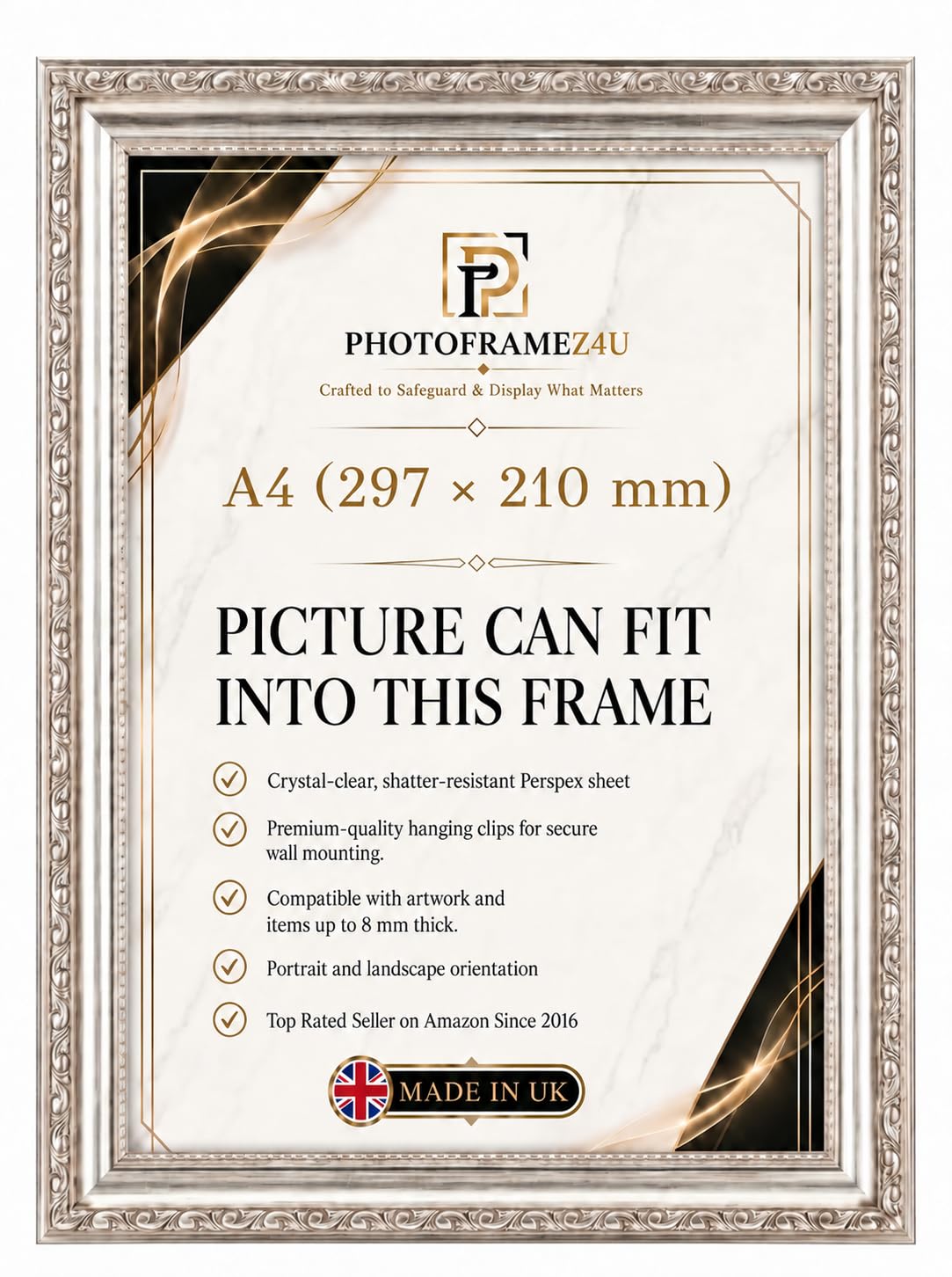 Ornate Silver picture frame for A4(297x210) mm Picture | Photo frame for wall hanging and tabletop | Perfect for Posters, Artwork and Jigsaw Puzzles. โ image 1