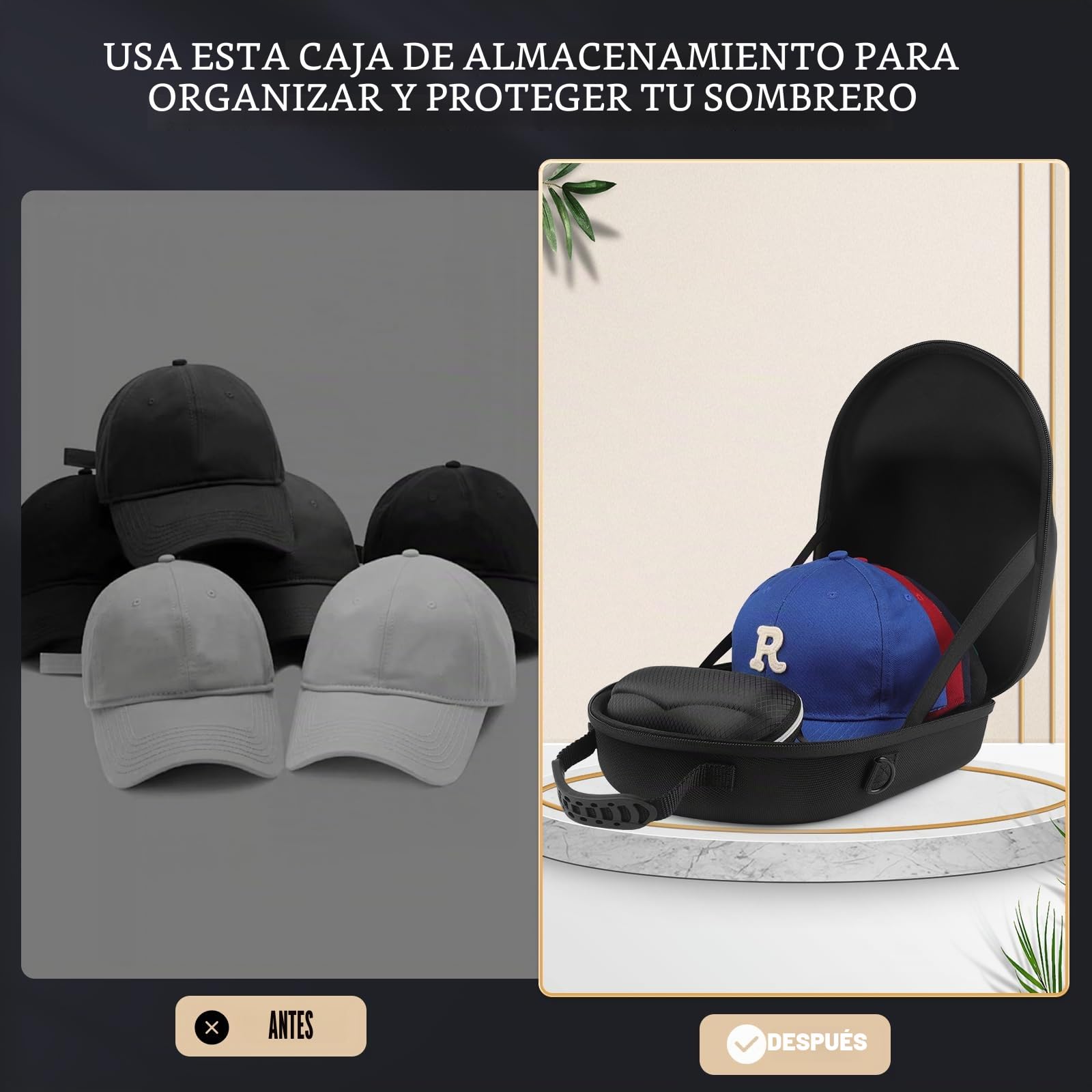 Estuche para gorras de béisbol: 6 fundas de viaje con asa de transporte, fundas desmontables y clip organizador, Black, Talla única