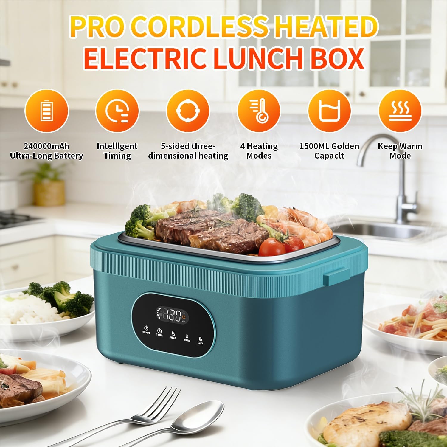 Cordless Electric Lunch Box for Adults,Battery Powered Heated Lunch Box,Portable Food Warmer for Work Car Travel,5-Sided Fast Heating,24000mAh Rechargeable,Stainless Steel Containers,Insulated Bag