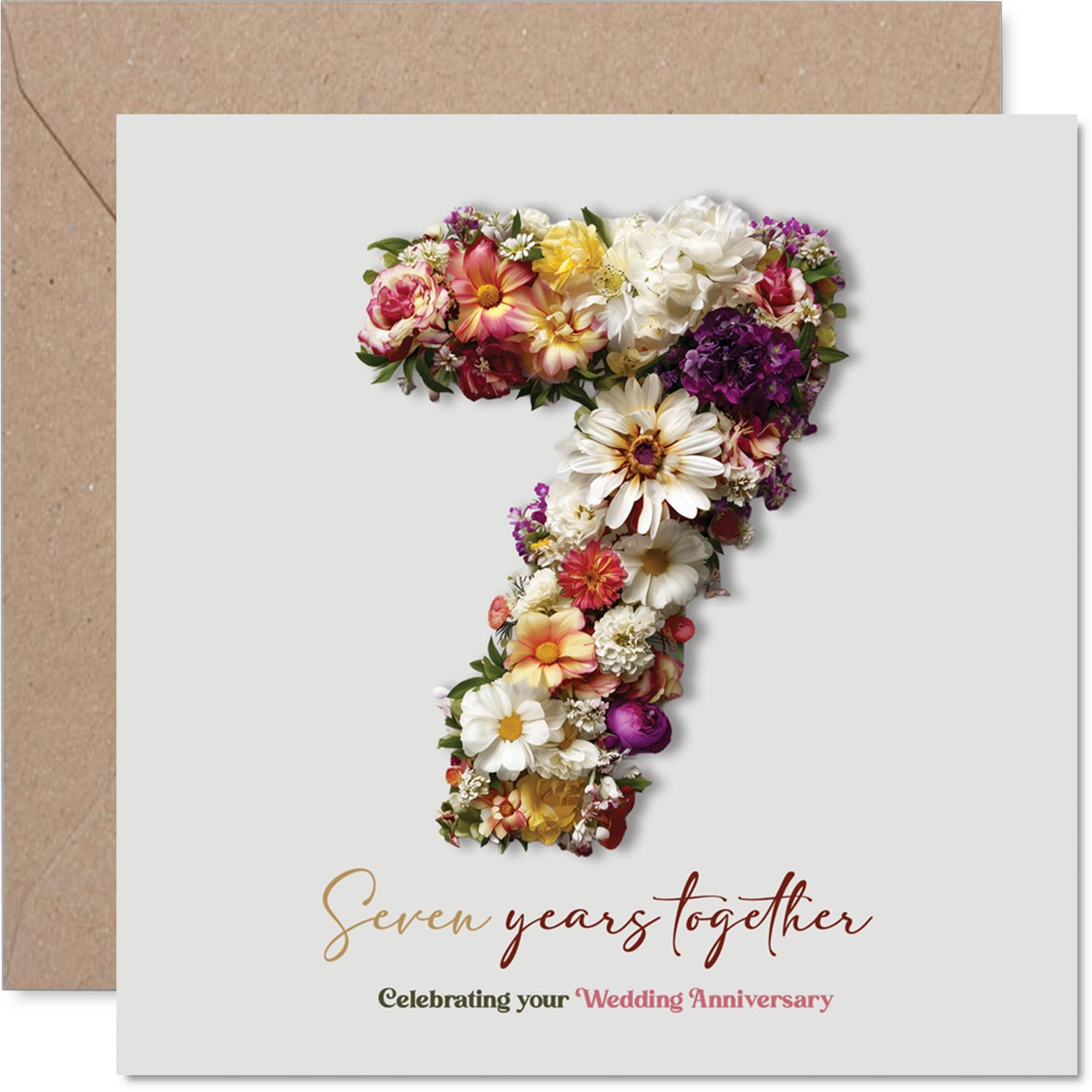 Milestone 7th Anniversary Card - Seven Years of Love and Laughter - Bold Floral '7' Design with Elegant Script - 145mm Square, Envelope Included