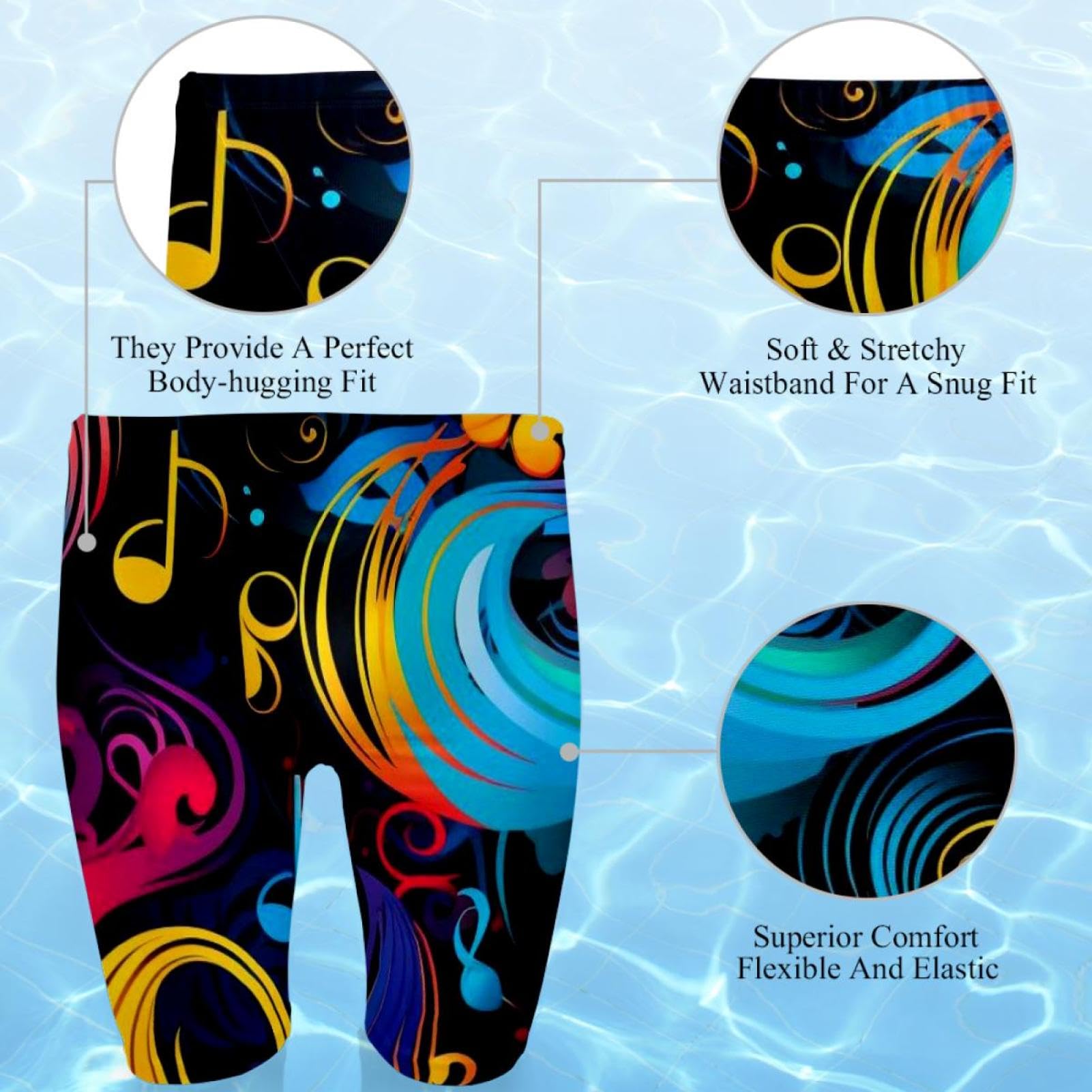 Colorful Music Notes Swimsuit for Men & Boys,Competition Lap Swim Suit, Square Leg Endurance Training