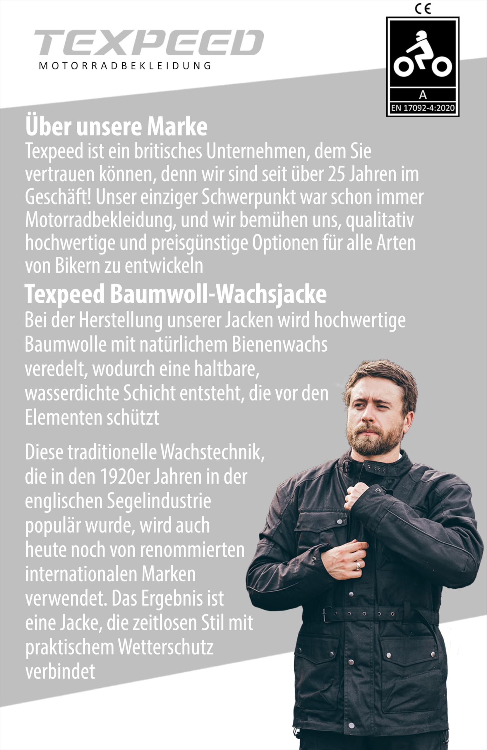 Texpeed Gewachste Baumwolle Motorradjacke herren mit protektoren - Motorrad Biker Wasserdicht Jacke Mit Rüstung (EN 1621-1) Schwarz - XL | EN 17092 Motorradverstärktes Kleidungsstück, EN 1621-1 [Level 1] Flexible Biker-Rüstung, herausnehmbares Winter-Ther