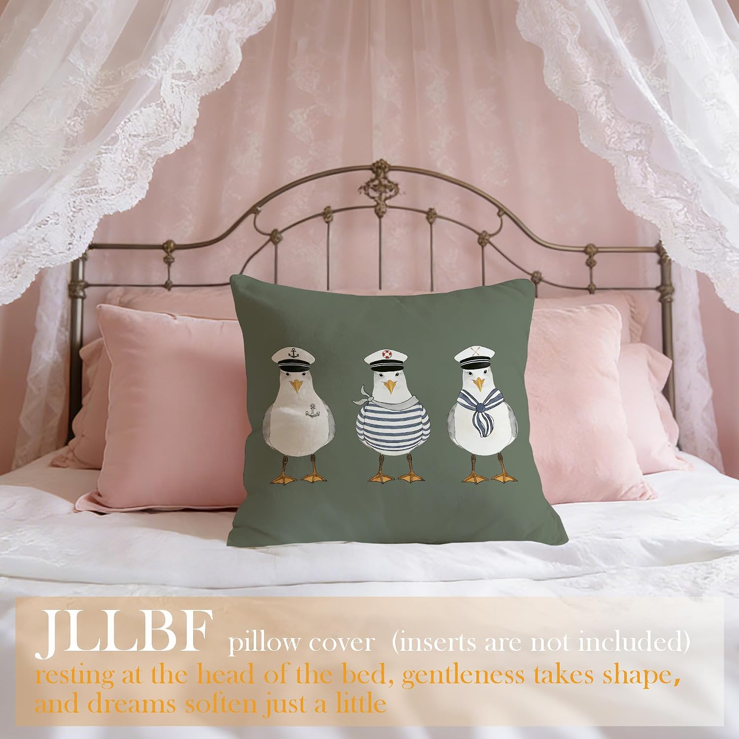 Olive Green Nautical Throw Pillows Cover 18x18 Double-Sided, Coastal Blue Pillow Covers, Funny Seagull Decor for Home Bedroom Couch Bed, Summer Bathroom Decor image 4