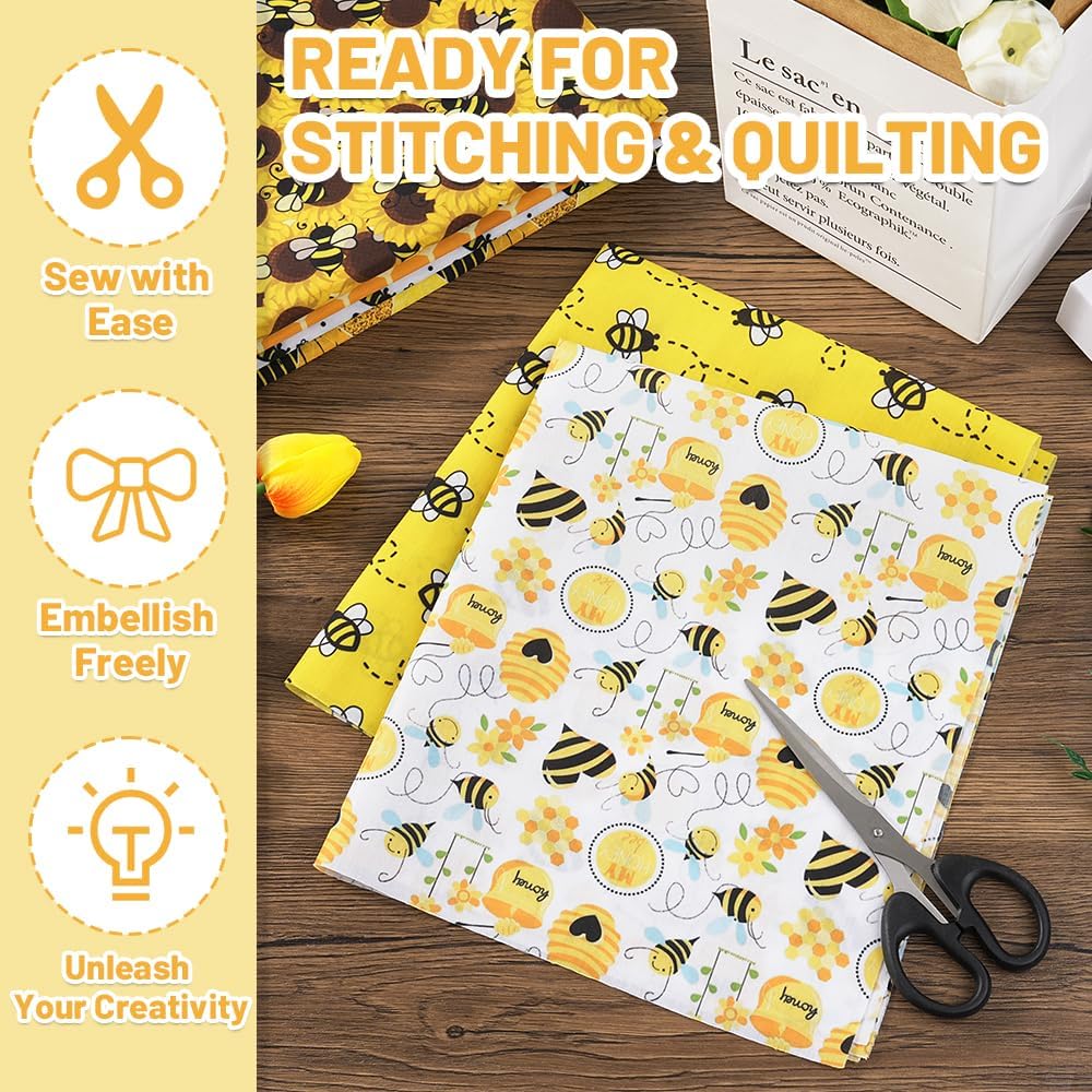 12 Pcs Bee Fabric Honeycomb Floral Yellow Poly-Cotton Fat Quarters Summer Bee Theme Sewing Fabrics Bundles for DIY Handmade Crafts Party Decor 18 x 20 Inch