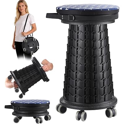 2026 Upgraded 3XL Rolling Collapsible Stool with Wheels | 1000lbs Capacity, 24-in Taller & 13-in Wider Retractable Stool for Adults, Thick Swivel Cushion & 5 Silent Casters, for Home, Garage, Kitchen
