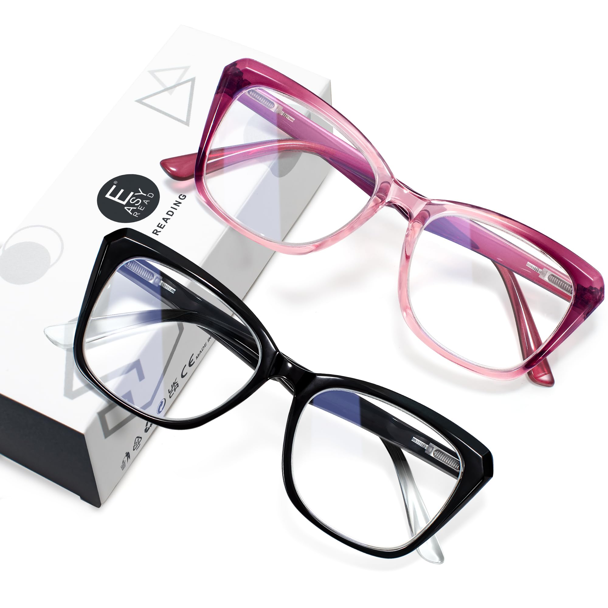EASY READ 2 Pack Reading Glasses for Women,Cat Eye Blue Light Blocking Computer Readers with Spring Hinge(Magnification 1.50,Black/Purple)