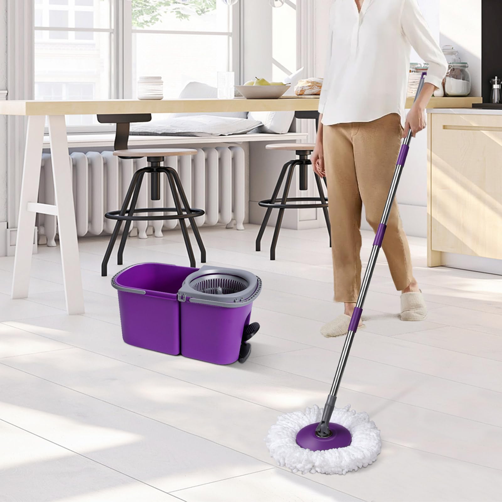 Balai Serpillère et Seau à Pédale, Masthome Seau Serpillere Rotatif 360° avec Système d'essorage Intégré, Seau Détachable avec 2 Compartiments pour Séparer l'eau Sale, Envoyer 6 Recharge en Microfibre