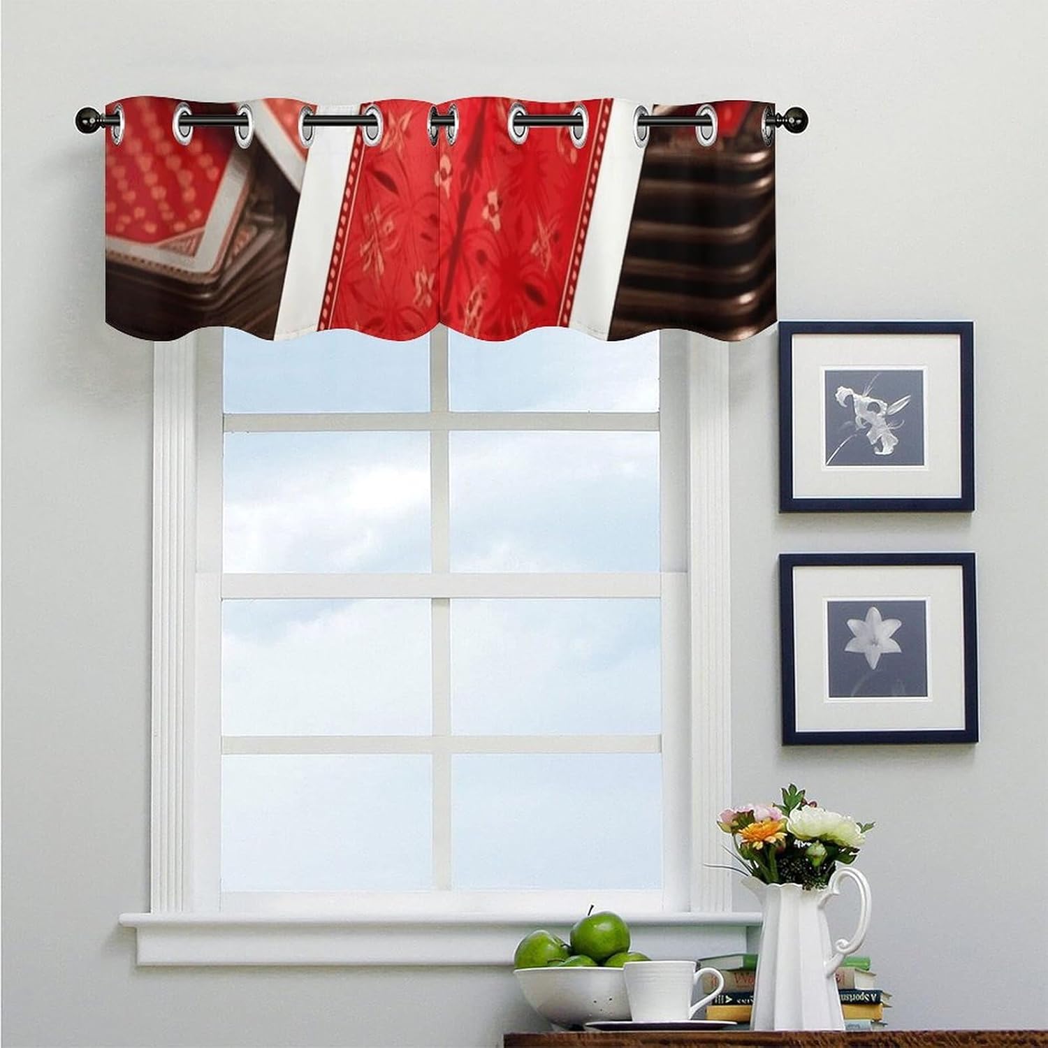 Red Background Playing Cards Valances for Window 2 Panels. Light Filtering Curtains Farmhouse Short Small Valance.Modern Curtains for Windows Living Room Kitchen Over Sink.
