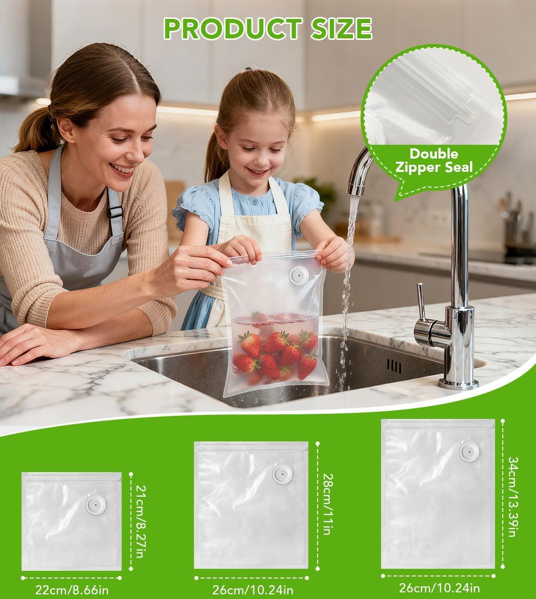 Vacuum Sealer Bags, 30 Pcs Reusable Vacuum Bags for Food BPA-Free Vacuum Food Storage Bags with Air Valve Zipper Bag for Sous Vide Cooking/Microwave Heating (M)