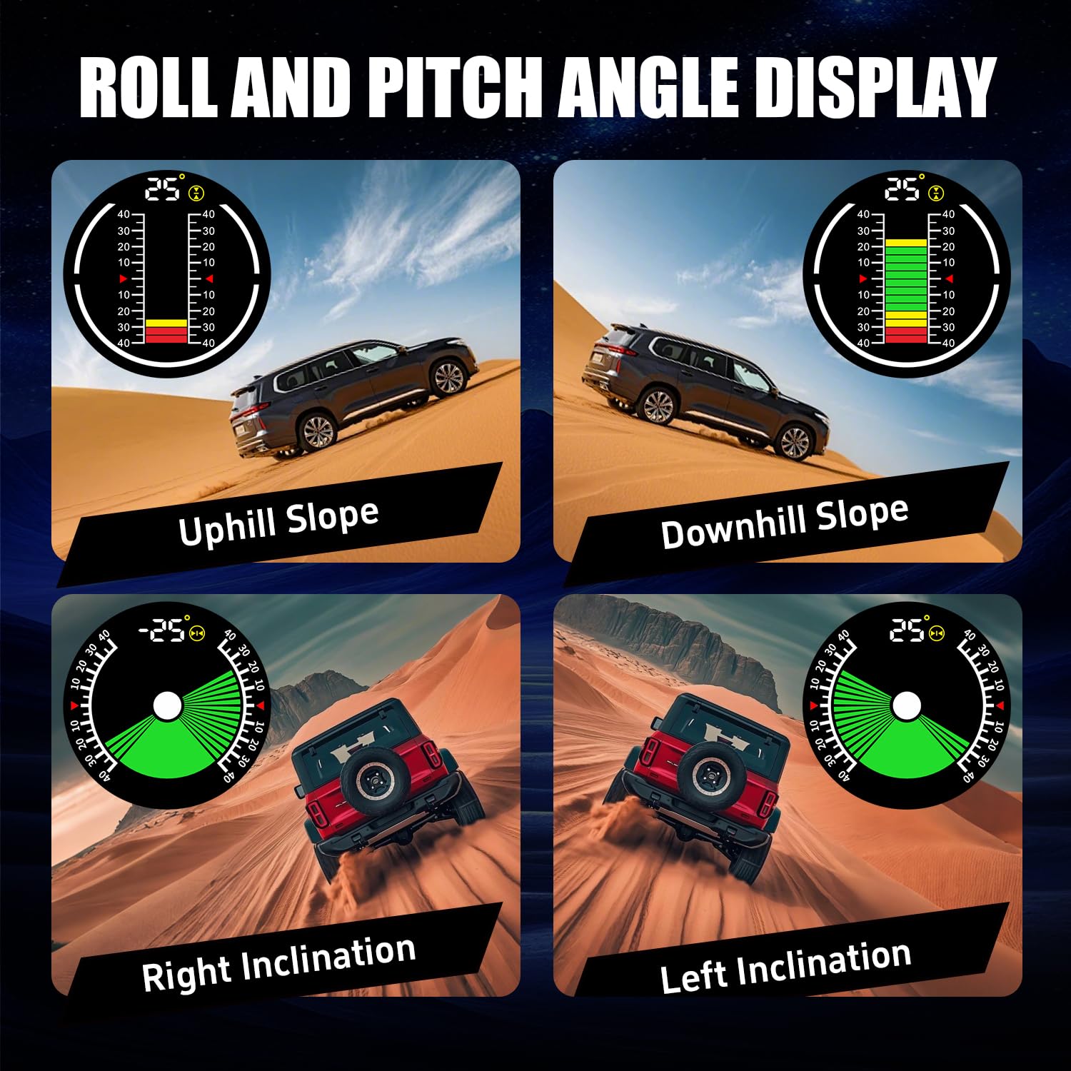 X60 Pro Car Inclinometer for Off-Road, GPS Speedometer MPH KMH with Compass, Multi-Functional Digital HUD, Compass‌ /GPS Time/Latitude & Longitude/Altitude‌/ Speed‌/ Vehicle Inclinometer 6-in-1