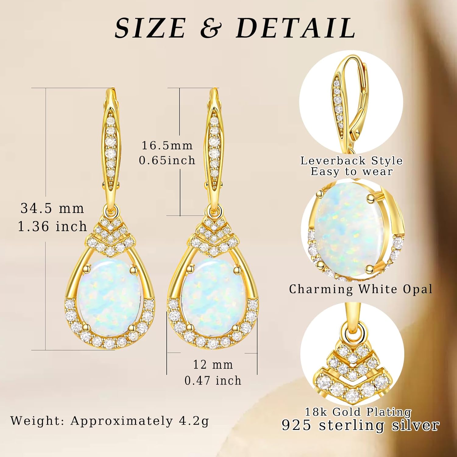 Valentine's Day Gifts for Women |18K G Plated Sterling Silver Birthstone Teardrop Leverback Drop Earring for Women Lady | Wedding Jewelry Gifts for the Bride | Hypoallergenic Oval Cut CZ Earrings - Image 5