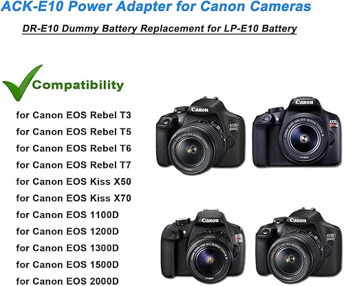 Miniatura 2 de TKDY ACK-E10 EOS Rebel T7 Fuente de alimentación continua LP-E10 Batería simulada DR-E10 Kit de acoplador DC para Canon EOS T7 T6 T5 T3, Kiss X50