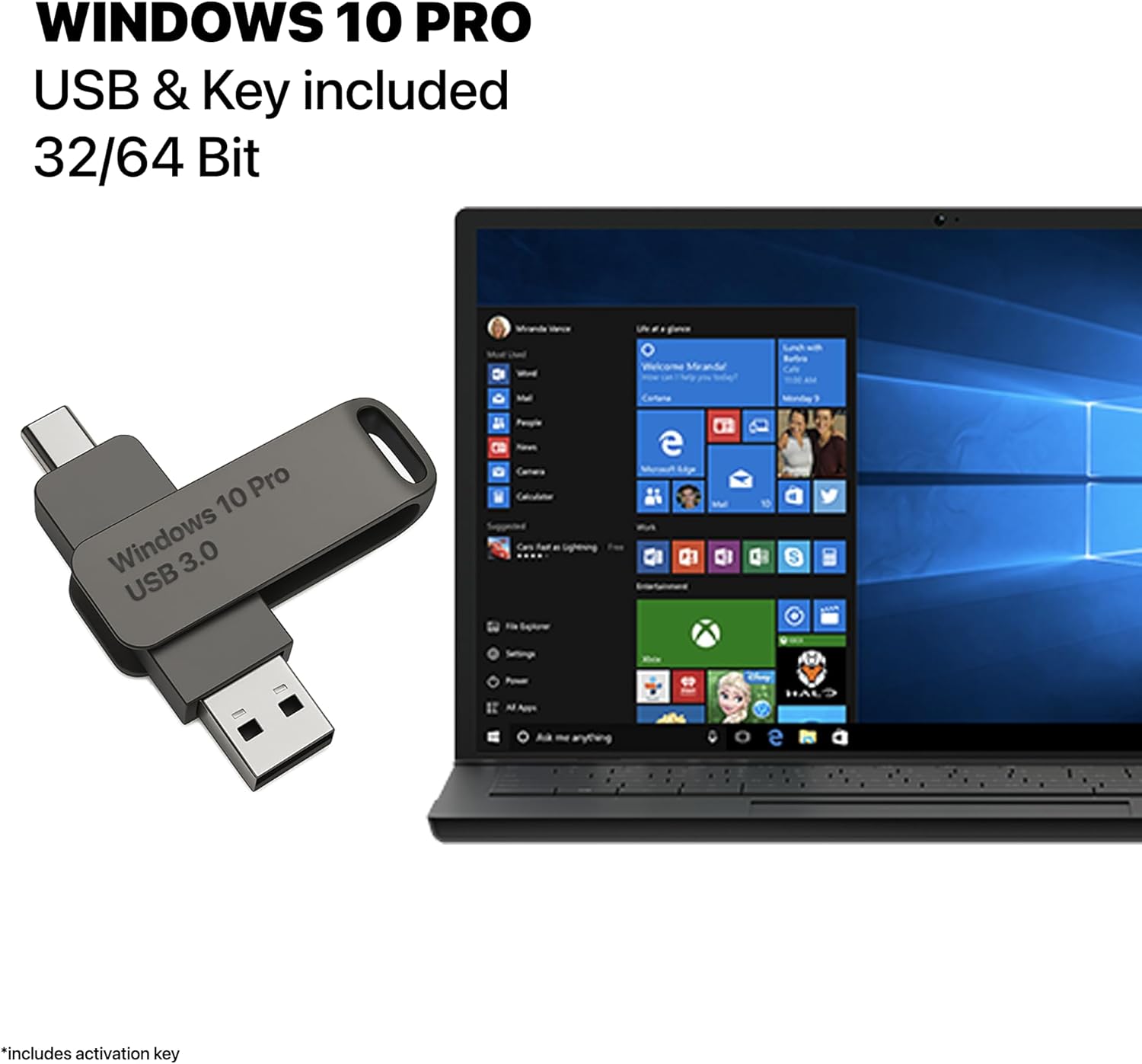 Bootable USB Type C + A Installer for Windows 10 Pro, Activation Key Included. Recover, Restore, Repair Boot Disc. Fix Desktop & Laptop.