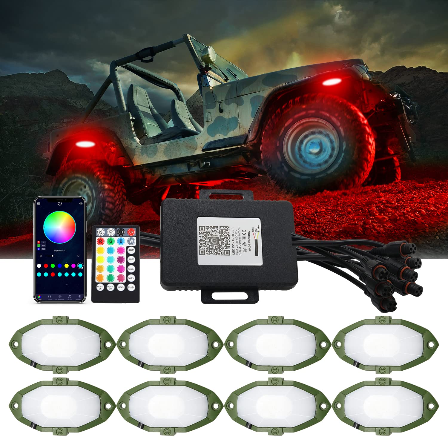 RGB Rock Lights, Multicolor Underglow Neon Light Kit with App/Remote Control and Music Mode, 8 Pods Waterproof Exterior Wheel Lights for Truck/ATV/UTV/SUV/Boat (Green08)