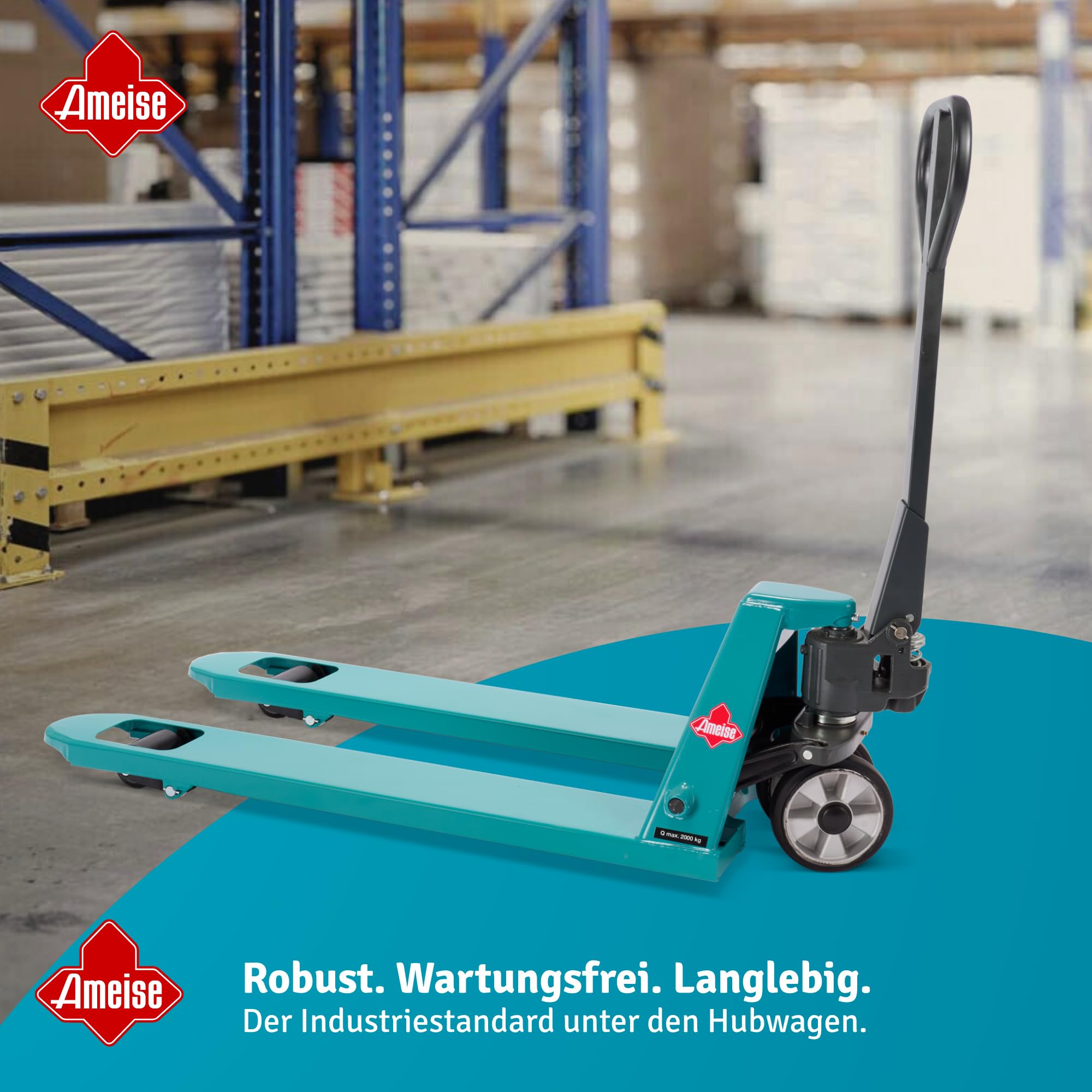 Ameise Hubwagen PTM | 2.000 kg Tragkraft | 1.150 mm Gabellänge | Lenkrad aus laufruhigem Vollgummi | Tandem-Gabelrollen aus robustem Polyurethan | Palettenhubwagen