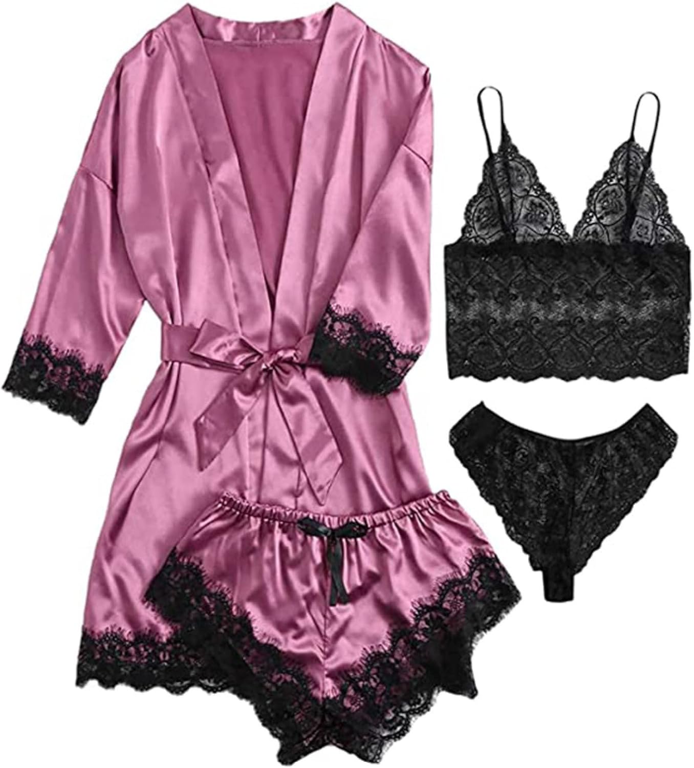 Women'S Satin Robe Nightwear Lounge Set - Summer Sexy Floral Lace Pajamas Set 4Pcs/Set Trim Shorts Lingerie With Cami Sleepwear Home Clothes Soft Homewear For Adults Outfits Suit ( Color : Picture Col