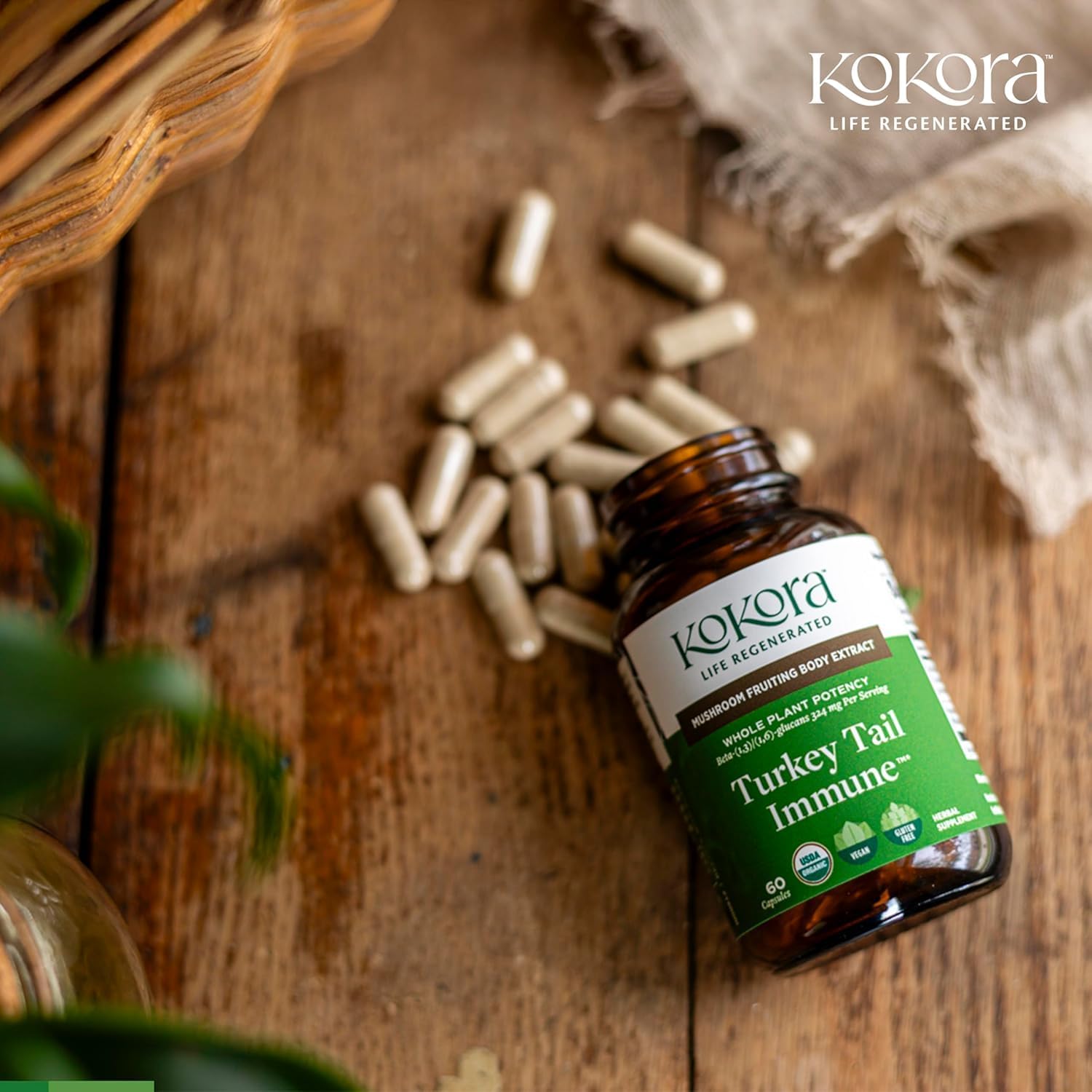 kokora Turkey Tail Immune - Organic Adaptogenic Mushroom Supplement for Immune Health & Wellness* - Turkey Tail with Beta Glucans and Ashwagandha - Vegan, Non-GMO - 60 Capsules - 30 Servings