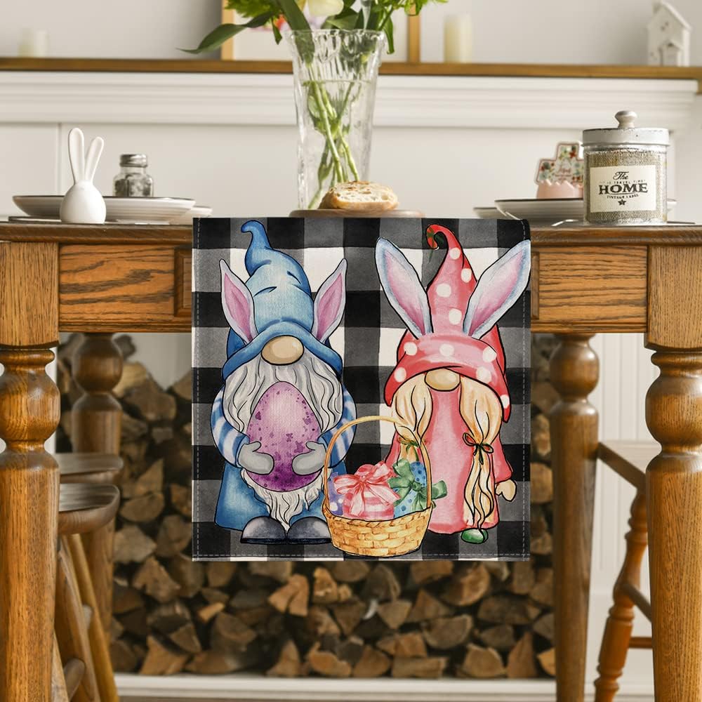 Artoid Mode Buffalo Plaid Bunny Gnomes Eggs Easter Table Runner, Spring Summer Seasonal Holiday Kitchen Dining Table Decor for Indoor Outdoor Home Party Decoration 13 x 90 Inch