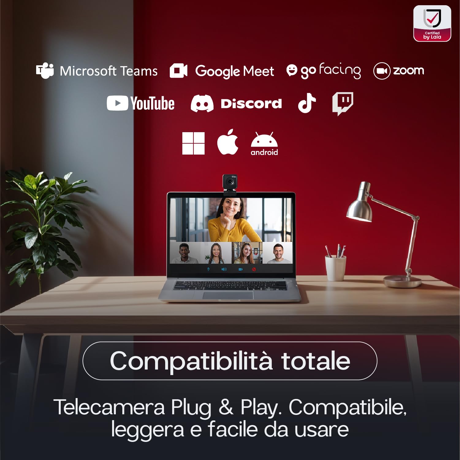 Laia - Webcam PC Pro FHD, European company, per videoconferenze da remoto di alta qualità Full HD 1080P, facile connessione USB-C, autofocus, ideale per riunioni da remoto e telelavoro