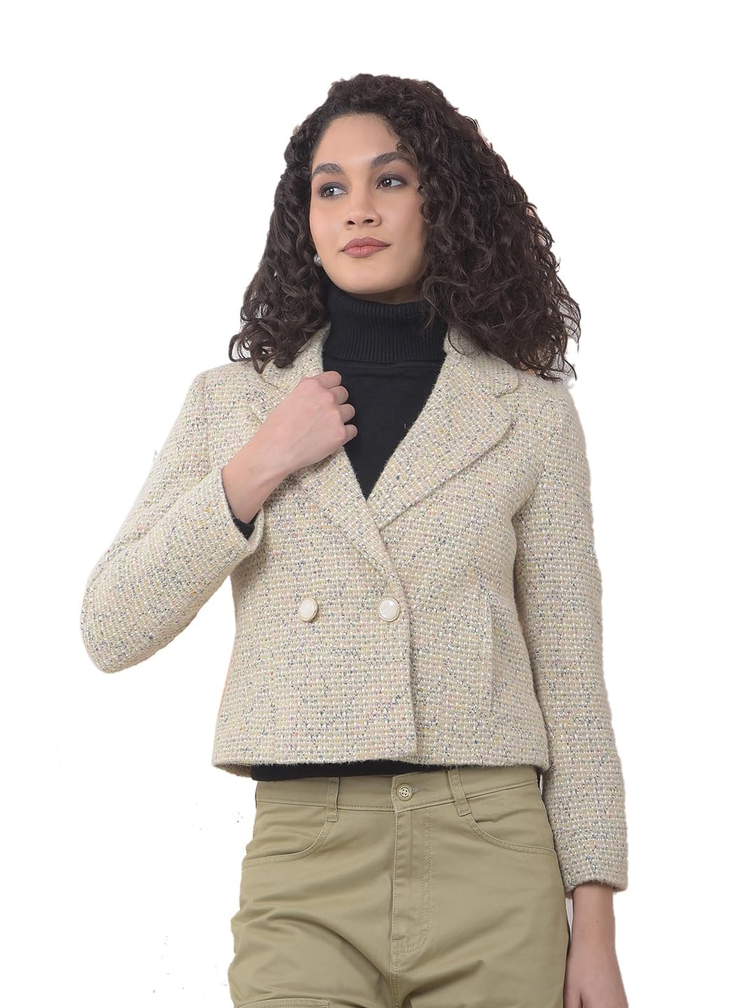 crimsoune club Women's Beige Jacquard Notched Lapel Coat-picture-13