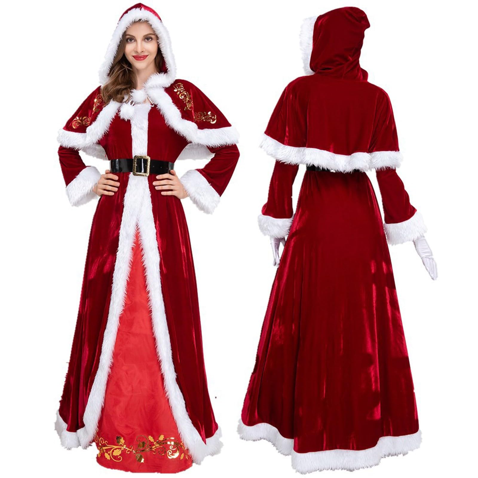 Costume de luxe Mme Claus rouge, avec robe à capuche et ceinture, déguisement de Noël pour adulte, costume de Père Noël, Costume Mere Noel Femme, Robe Mere Noel Femme, S - 5XL