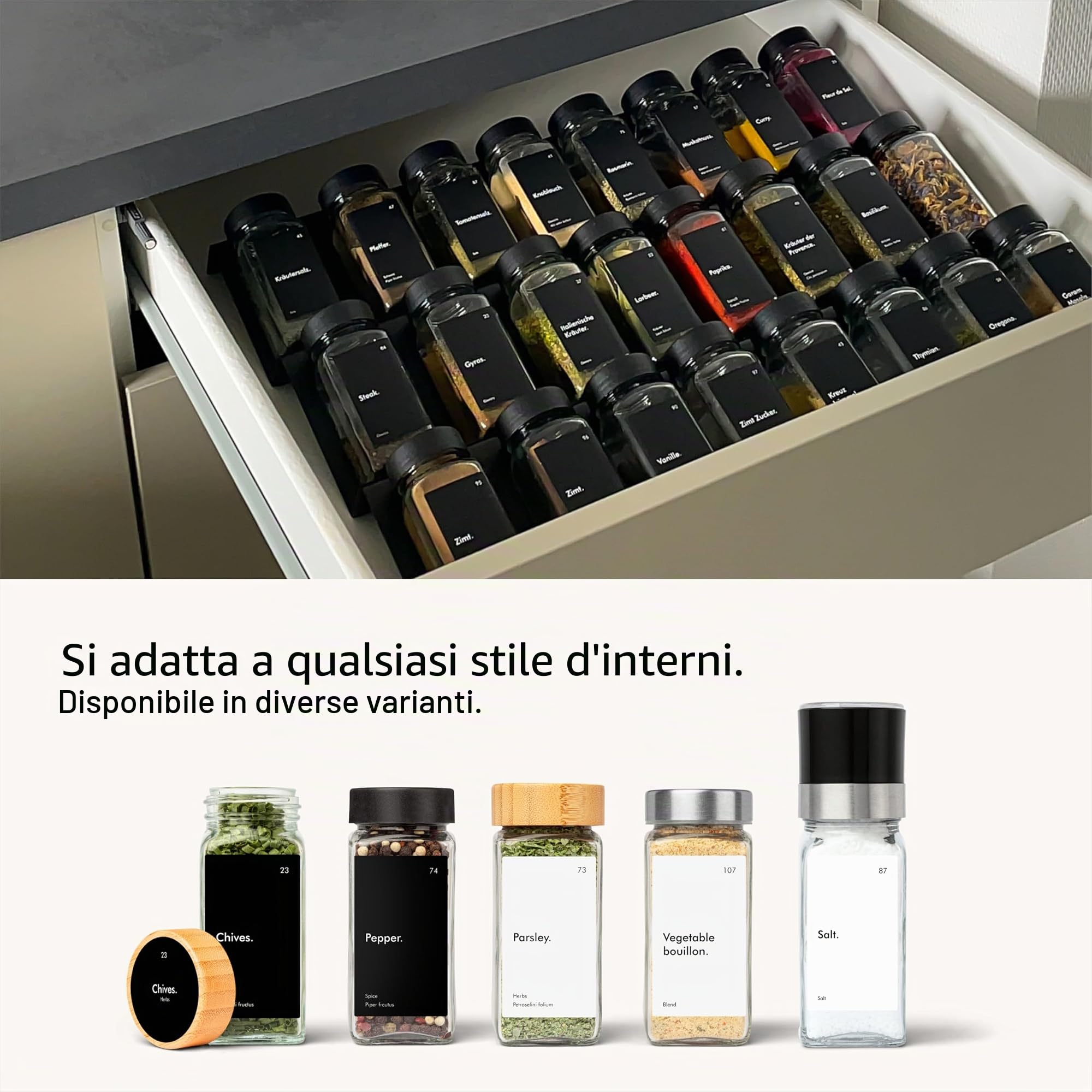 KIVY Portaspezie con barattoli, con 24 barattoli per spezie con etichette, larghezza regolabile, organizer per spezie, cassetto per spezie, contenitore per spezie, cassetto