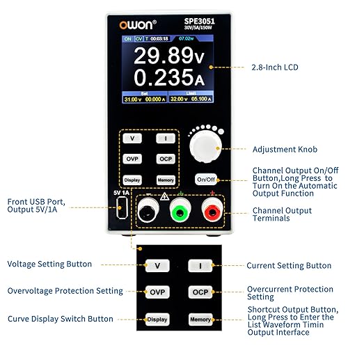 Miniatura 12 de OWON SPE3103 Fuente de alimentación programable de laboratorio (0-30V 0-10 A), fuente de alimentación CC de banco de 300 W con pantalla LCD de 2.8