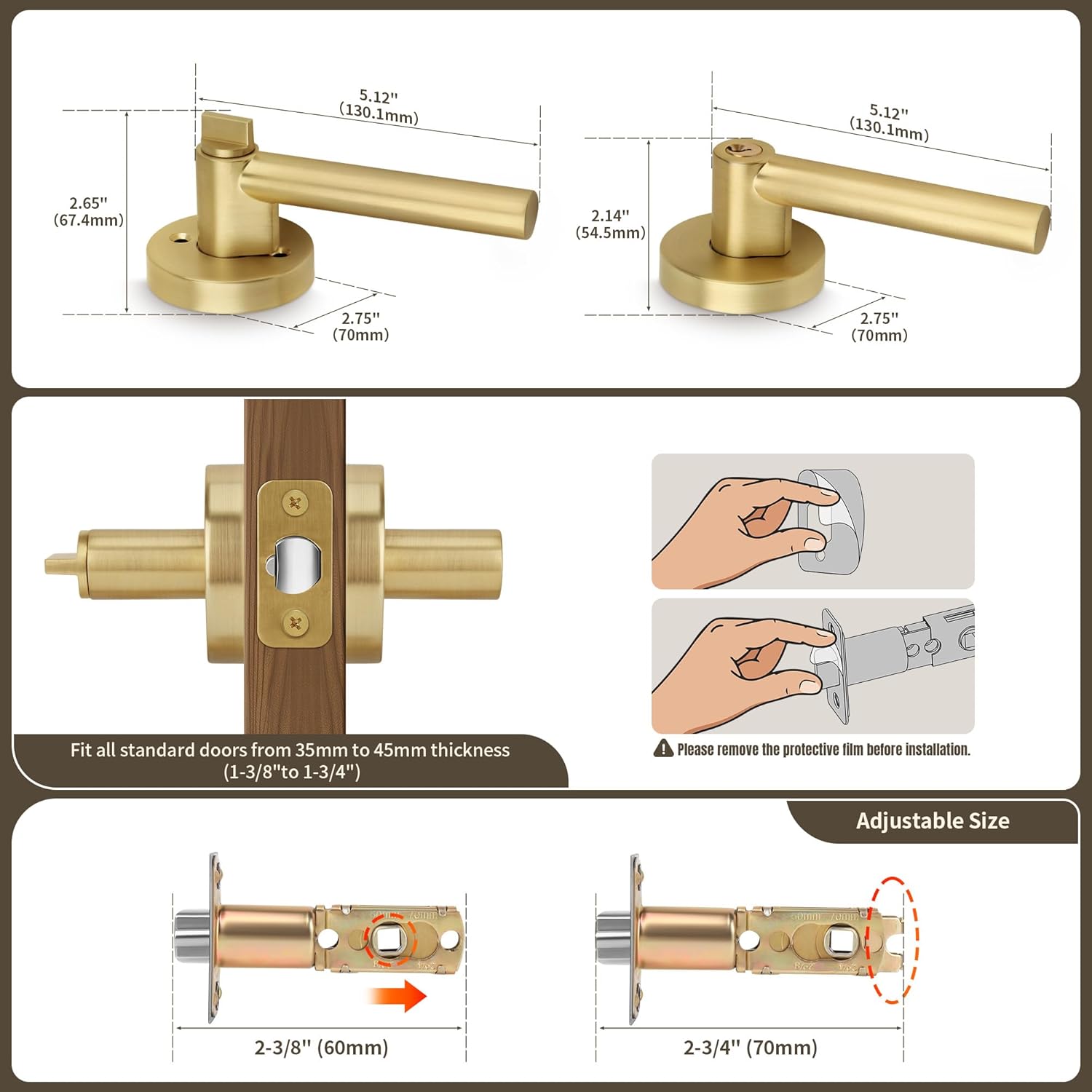 Moquin Gold Door Handle with Lock and Key (Keyed Alike), Heavy Duty Keyed Entry Brushed Gold Door Handles for Bedroom or Front Door, Satin Brass, 5 Pack