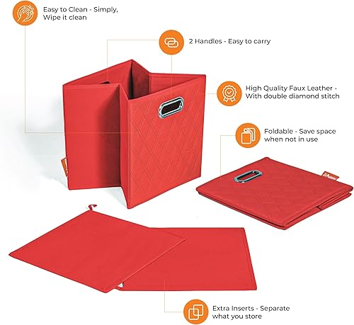 Miniatura 8 de Juego de dos cubos de almacenamiento plegables de piel sintética con patrón de diamante de 11 pulgadas con asas para sala de estar, dormitorio y