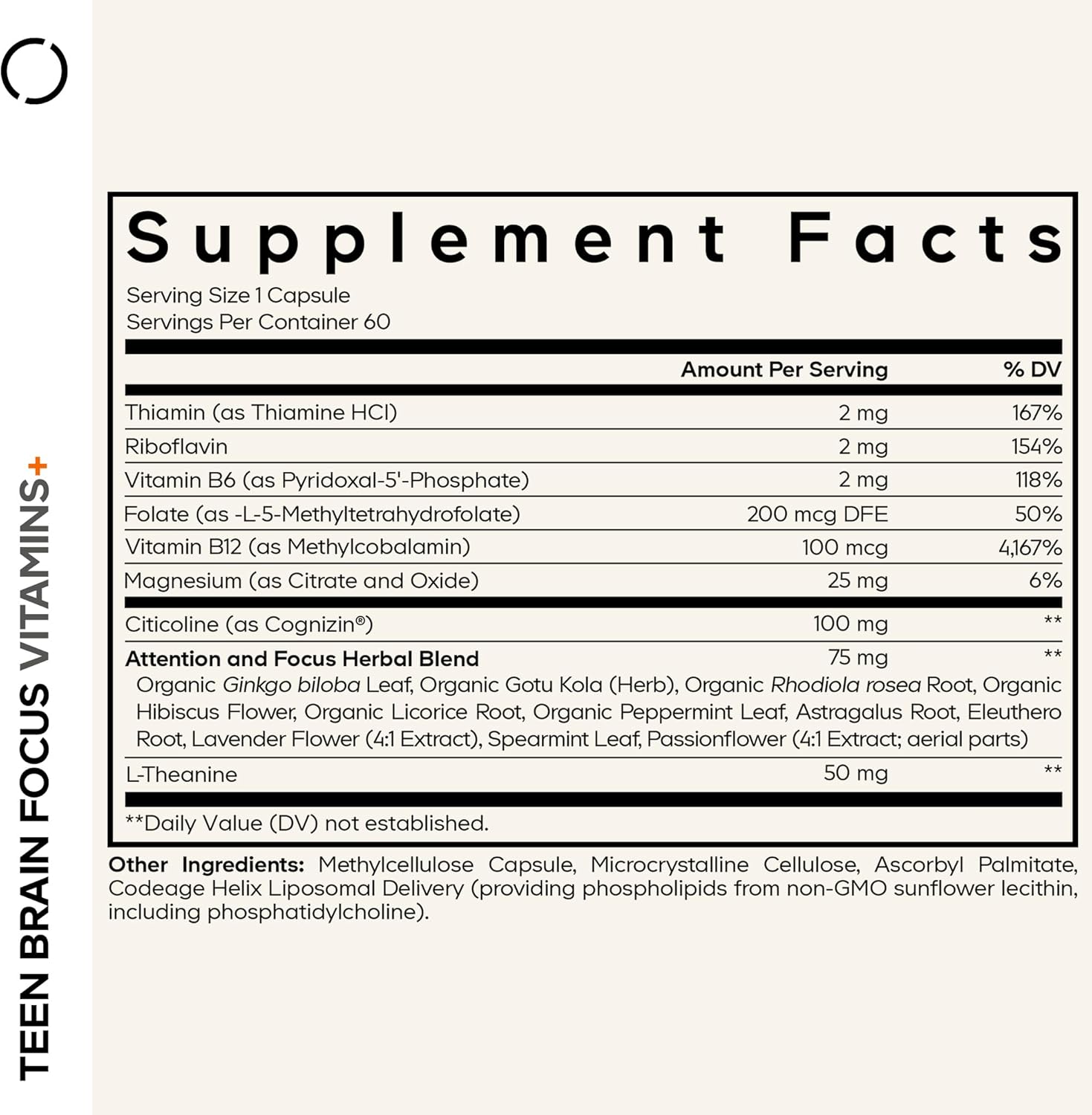Codeage Teen Brain Focus Vitamins+ Citicoline Cognizin, L-Theanine, Ginkgo, Rhodiola, Lavender, Magnesium, Vitamin B6, B12, Folate - 2-Month Supply - 12-18 Years - Liposomal Supplement - 60 Capsules - Image 2