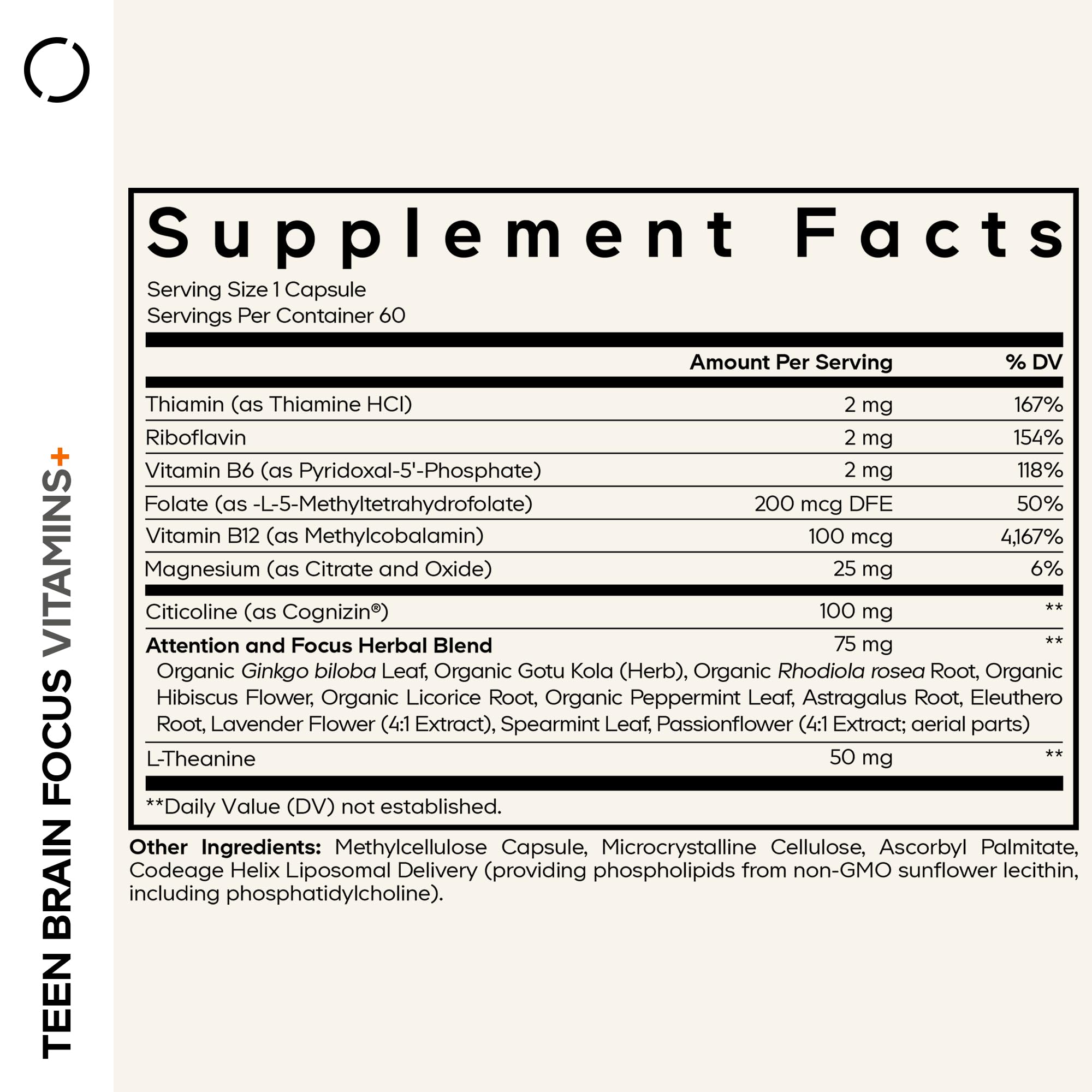 Codeage Teen Brain Focus Vitamins+ Citicoline Cognizin, L-Theanine, Ginkgo, Rhodiola, Lavender, Magnesium, Vitamin B6, B12, Folate - 2-Month Supply - 12-18 Years - Liposomal Supplement - 60 Capsules — Amazon image 2