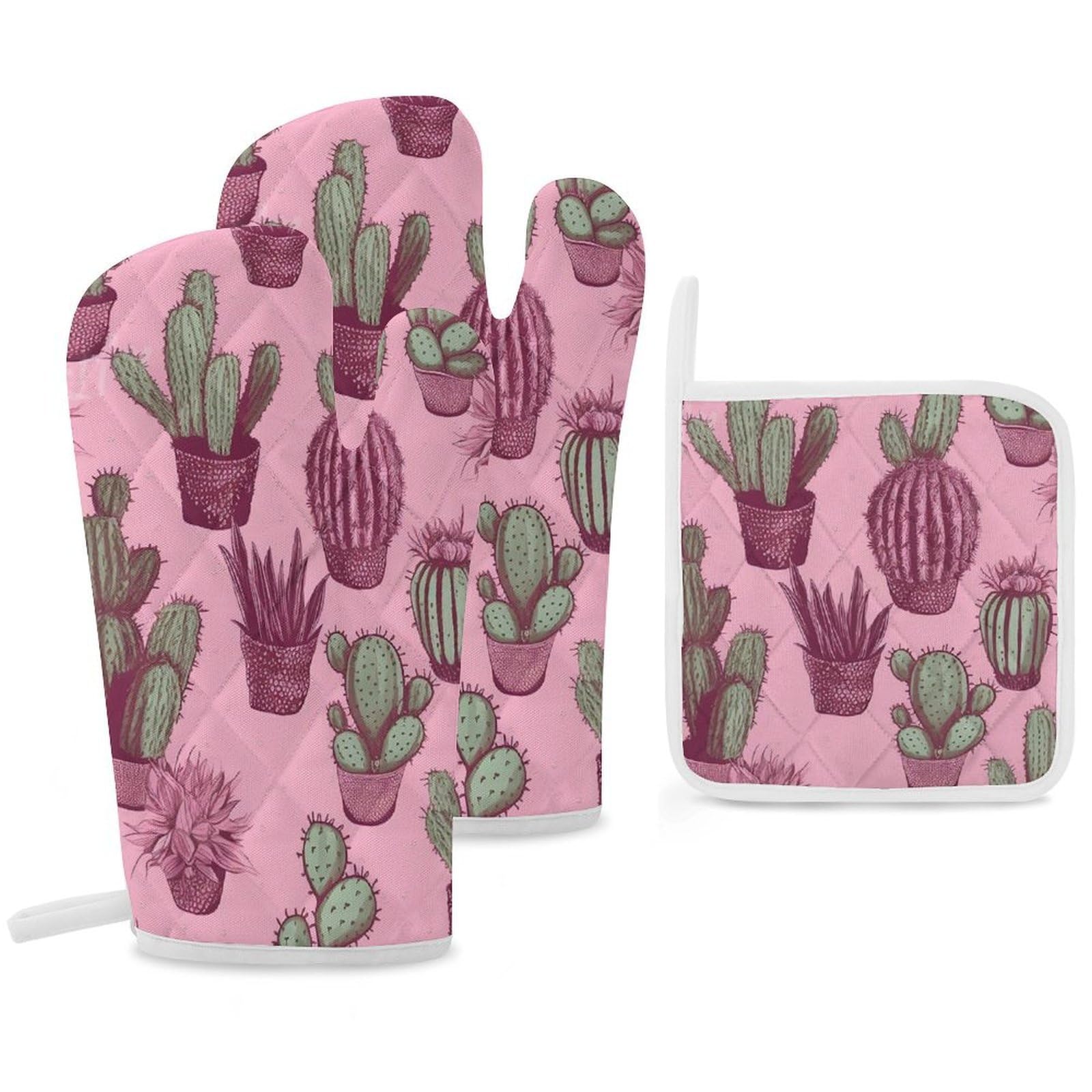 Oven Mitts and Pot Holders Set of 3 Heat Resistant Non-Slip Kitchen Gloves Hot Pads Cactus Mittens Gloves Non-Slip Potholders for Cooking Baking Grilling BBQ