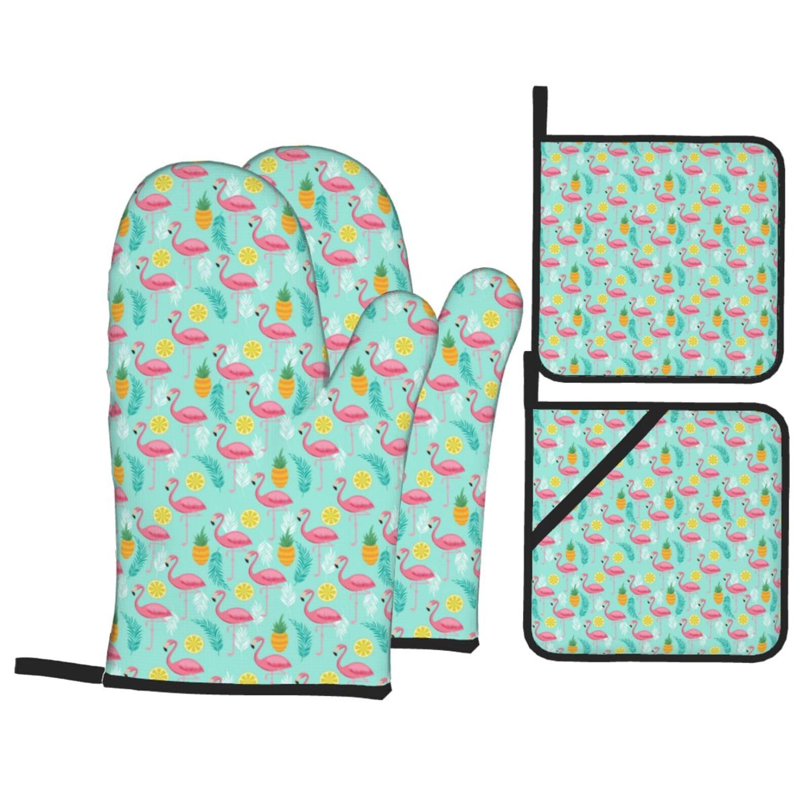 Flamingo Print Stylish Heat-Resistant Oven 4-Piece Set Kitchen Gloves Roasting Daily Cooking