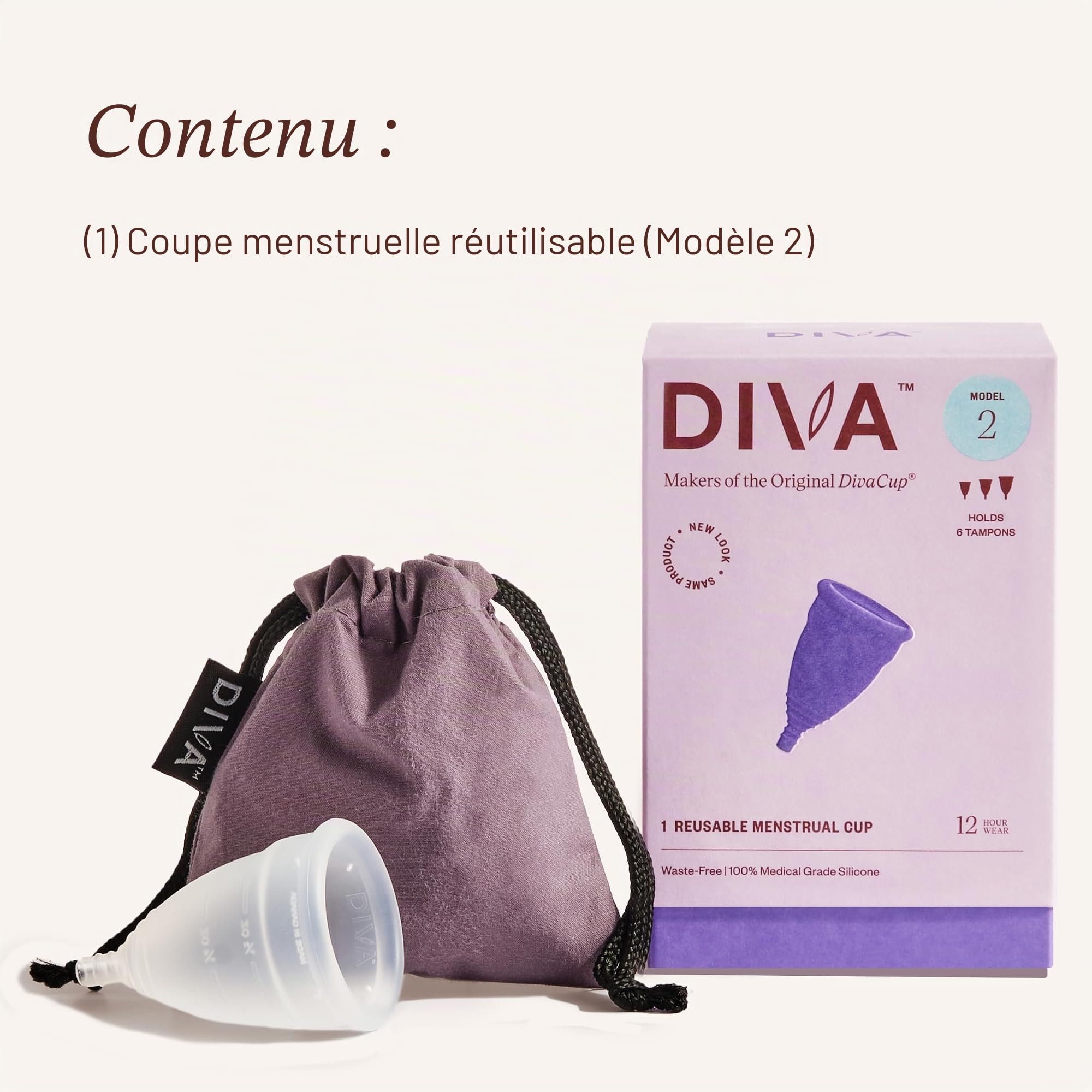DivaCup Menstrual Cups Modèle 2. 100% Silicone de Qualité Médicale. Alternative Sûre et Sans Fuite aux Serviettes Hygiéniques et aux Tampons.