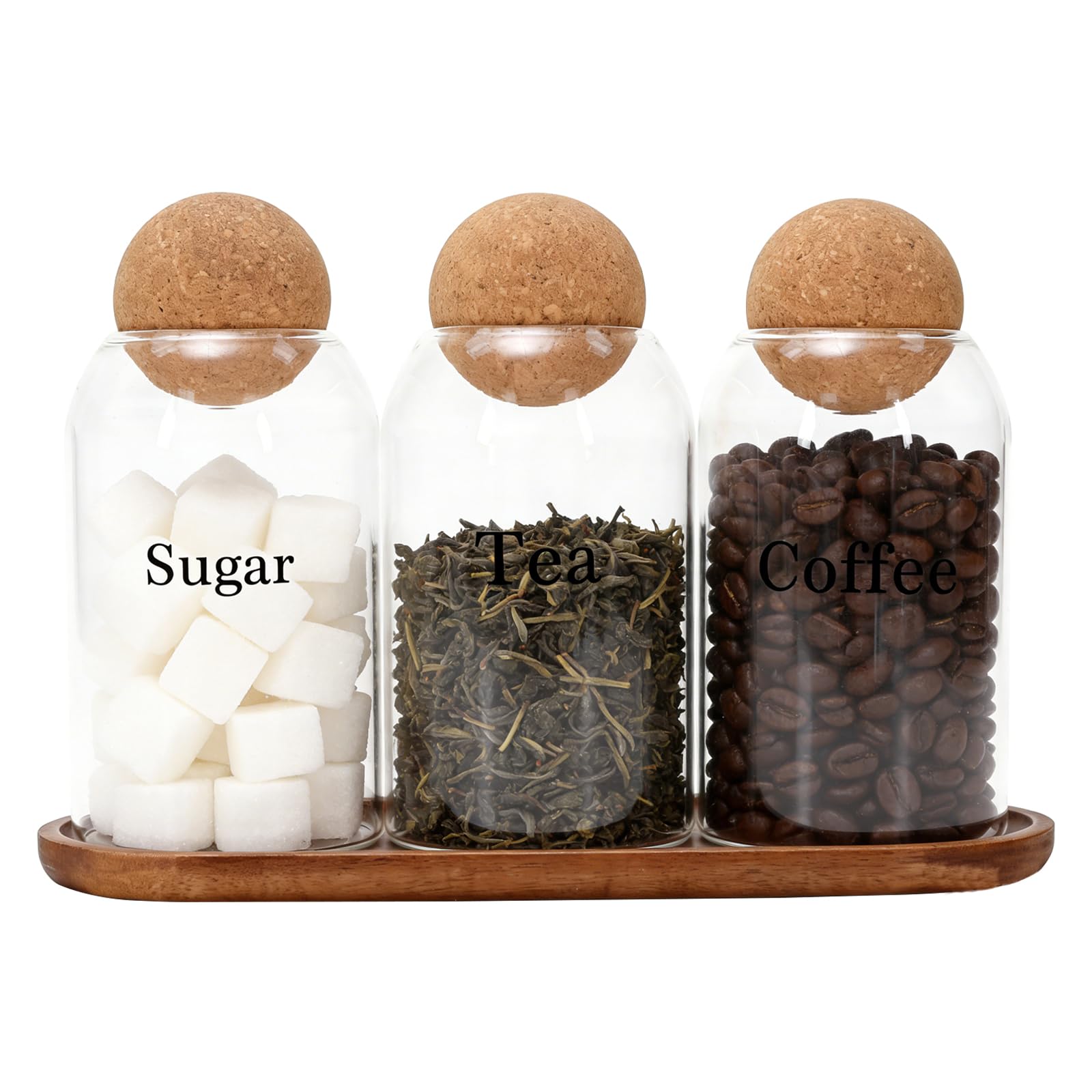 Tea Coffee Sugar Canisters, 750ml/26.5oz Glass Jars with Ball Cork, Tea Coffee and Sugar Canisters Set with Wooden Tray, Food Storage Container for Kitchen Pantry Organizers and Storage