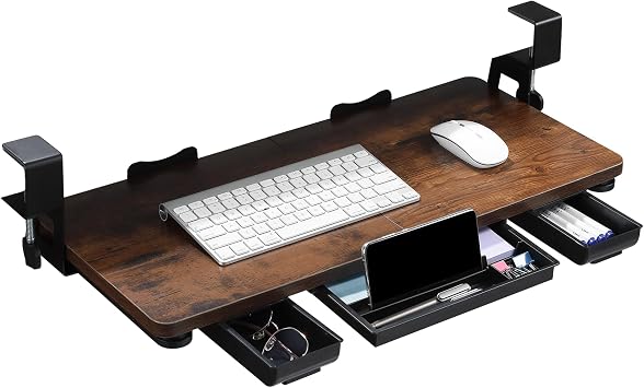 Keyboard Tray Under Desk with Drawer,26.77" X 11.81"Large Size Keyboard Tray with C Clamp-on Mount, Easy to Install, for Home Office Mahogany
