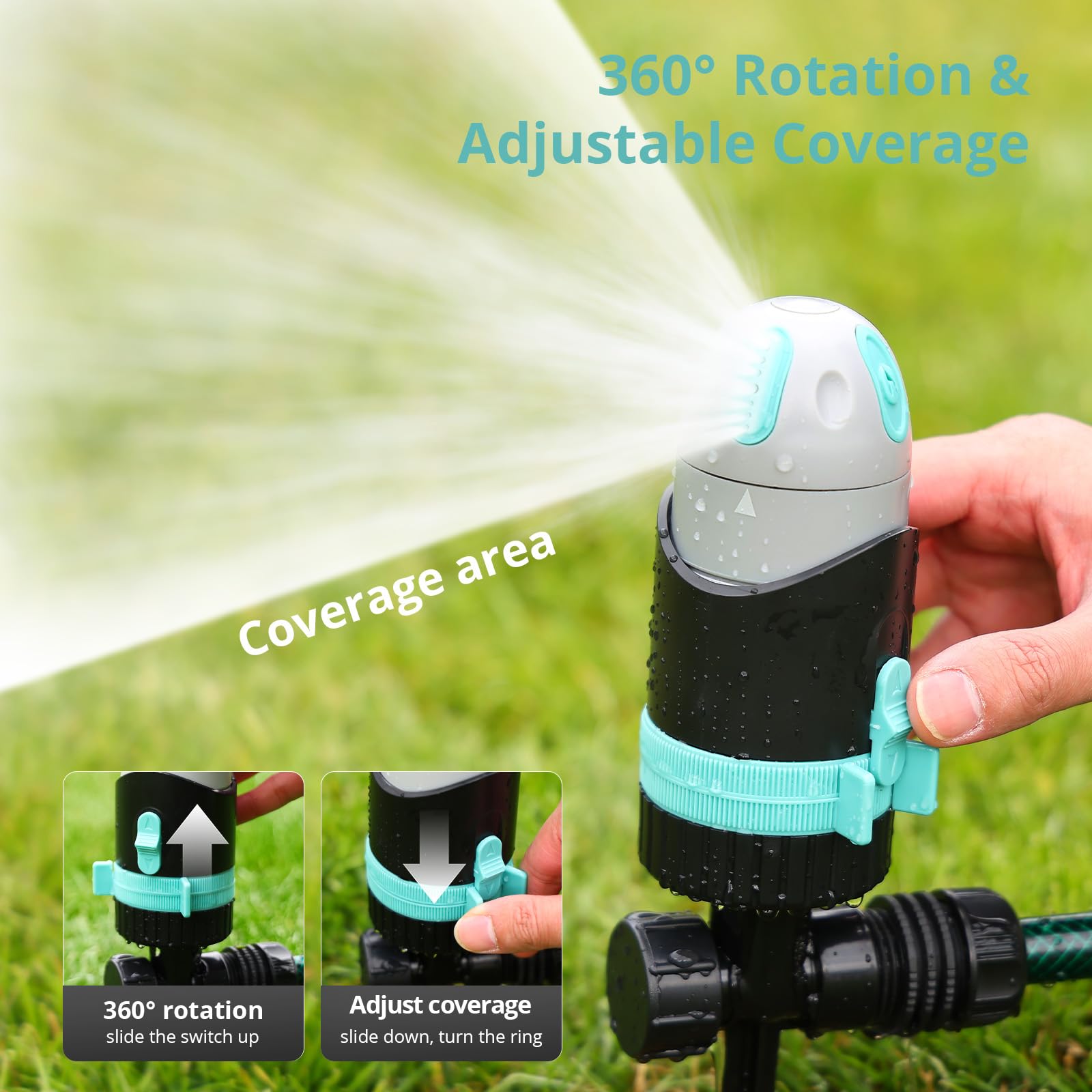 QUOBAS Paquete de 2 aspersores de césped para patio, aspersor de 4 patrones con 360° ajustable, base de metal resistente para suelo firme, riego de área grande de hasta 50 pies, aspersor de agua para