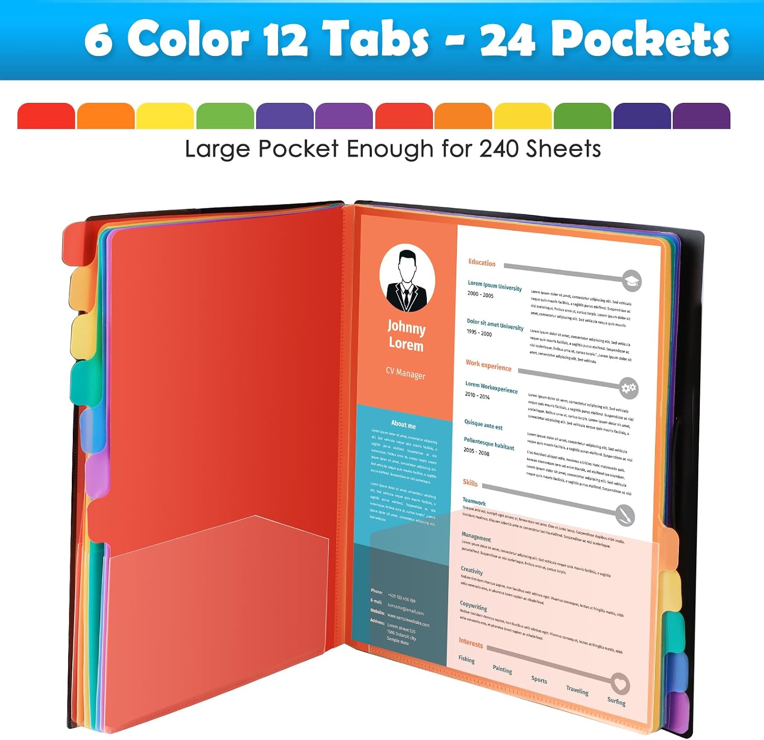24 Plastic Folders with Multi Pockets, 12 Colors, with 12 Tab Dividers image 2