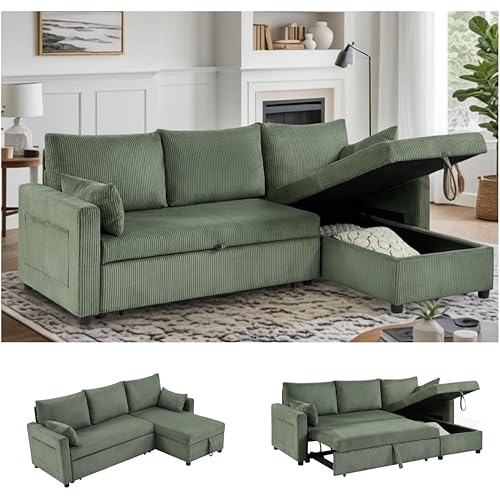 Queen Sleeper Sofa, Convertible Sofa Bed with Storage, 85 Inch Sectional Couch with Pull Out Bed, L Shaped 3 Seat Sectional Sleeper Sofa for Living Room, Apartment, Green