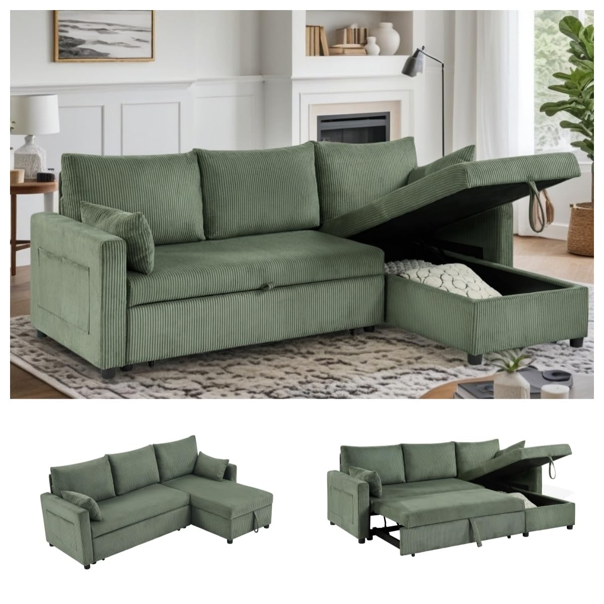 Photo 1 of ***MISSING PIECES -SELLING AS PARTS ONLY*** Trygoal Queen Sleeper Sofa, Convertible Sofa Bed with Storage, 85 Inch Sectional Couch with Pull Out Bed, L Shaped 3 Seat Sectional Sleeper Sofa for Living Room, Apartment, Green