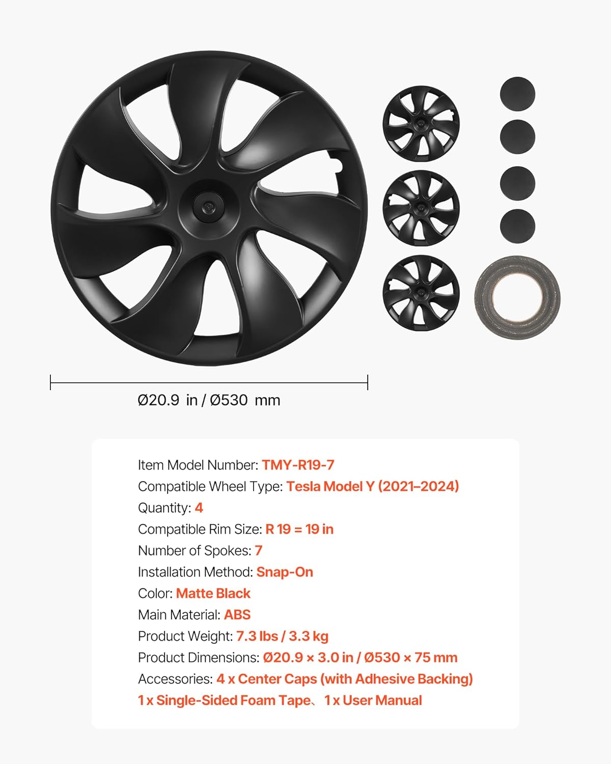 VEVOR Hubcaps Wheel Covers for 2021-2024 Tesla Model Y, 19 Inch Set of 4 Wheel Rim Cover Hubcaps OEM Style Replacement, R19 Size Snap On Car Hub Caps, Premium 7-Spoke ABS Tire Rim Caps, Matte Black