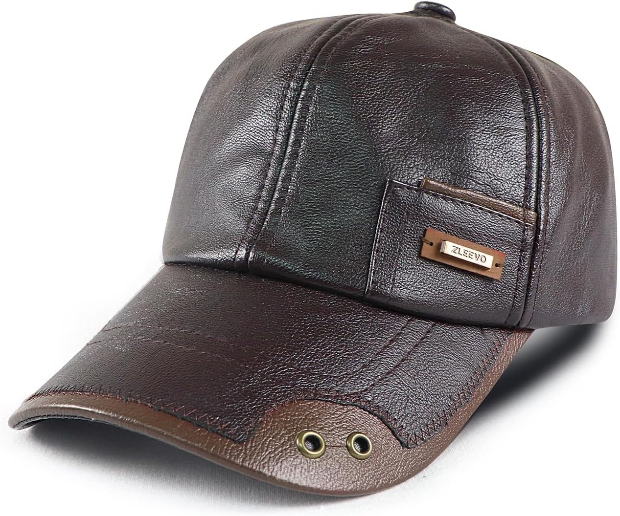 Elwow Men's Warm Pu Leather Baseball Cap Trucker Hat Dad Hat Fishing Hunting Cap with Button Hole Front Design