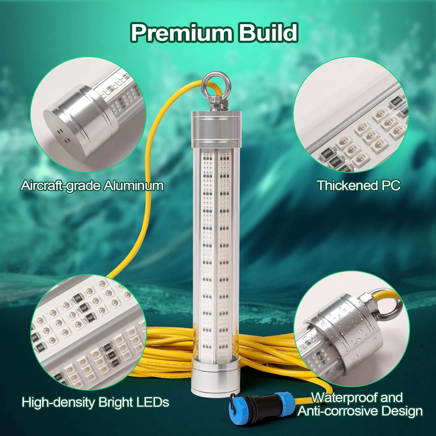 LED Underwater Fishing Light, 200W 110V & 12V 30000LM Waterproof LED Green Submersible Light Attractants for Docks and Boats, Snook, Bass, Crappie, Striper, Bait, Catfish and More